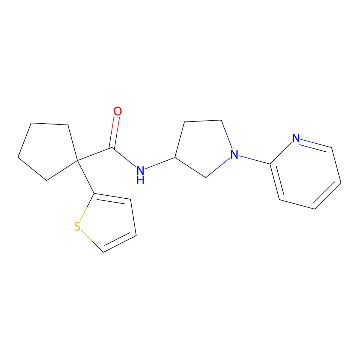 N-(1-(pyridin-2-yl)pyrrolidin-3-yl)-1-(thiophen-2-yl)cyclopentanecarboxamide molecular structure, CAS 1704527-66-1