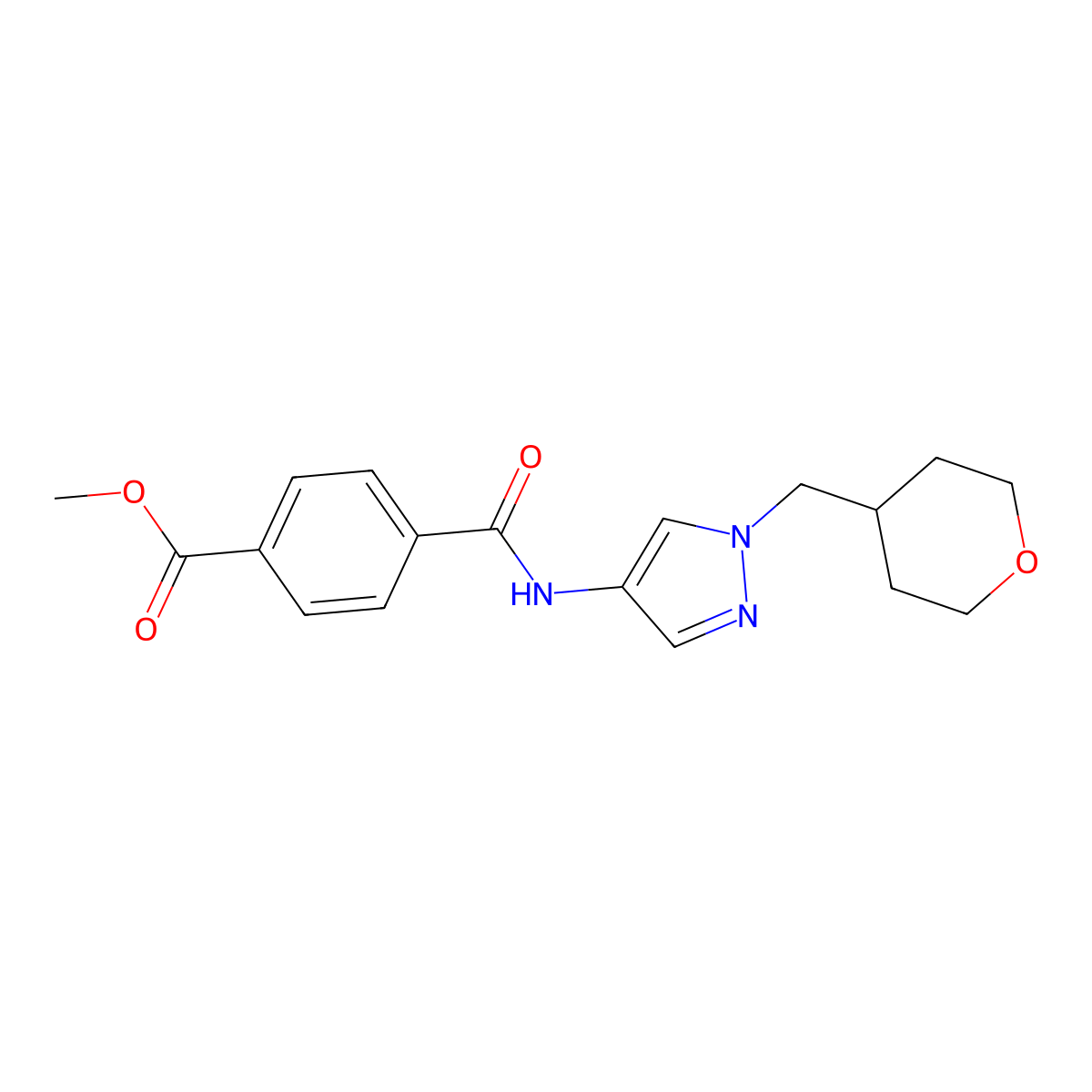 methyl 4-((1-((tetrahydro-2H-pyran-4-yl)methyl)-1H-pyrazol-4-yl)carbamoyl)benzoate molecular structure, CAS 1704528-89-1