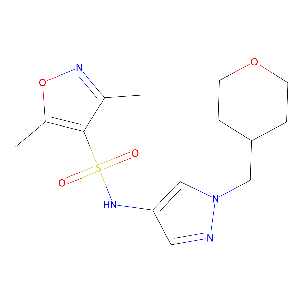 3,5-dimethyl-N-(1-((tetrahydro-2H-pyran-4-yl)methyl)-1H-pyrazol-4-yl)isoxazole-4-sulfonamide molecular structure, CAS 1704529-85-0
