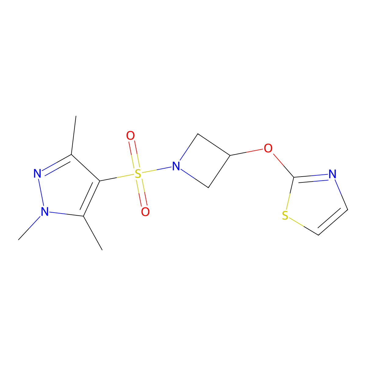 2-((1-((1,3,5-trimethyl-1H-pyrazol-4-yl)sulfonyl)azetidin-3-yl)oxy)thiazole molecular structure, CAS 1704529-93-0