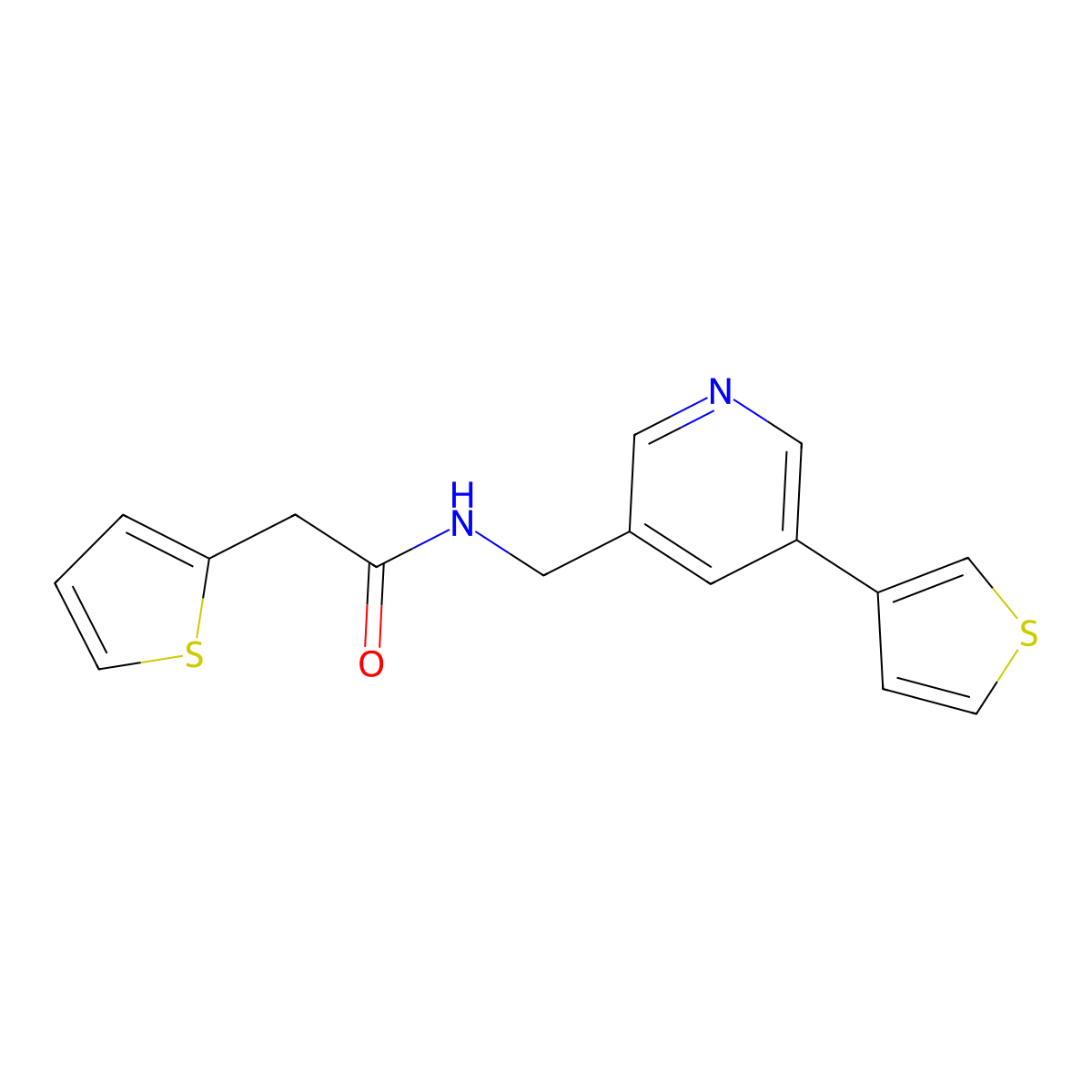 2-(thiophen-2-yl)-N-{[5-(thiophen-3-yl)pyridin-3-yl]methyl}acetamide molecular structure, CAS 1704530-03-9
