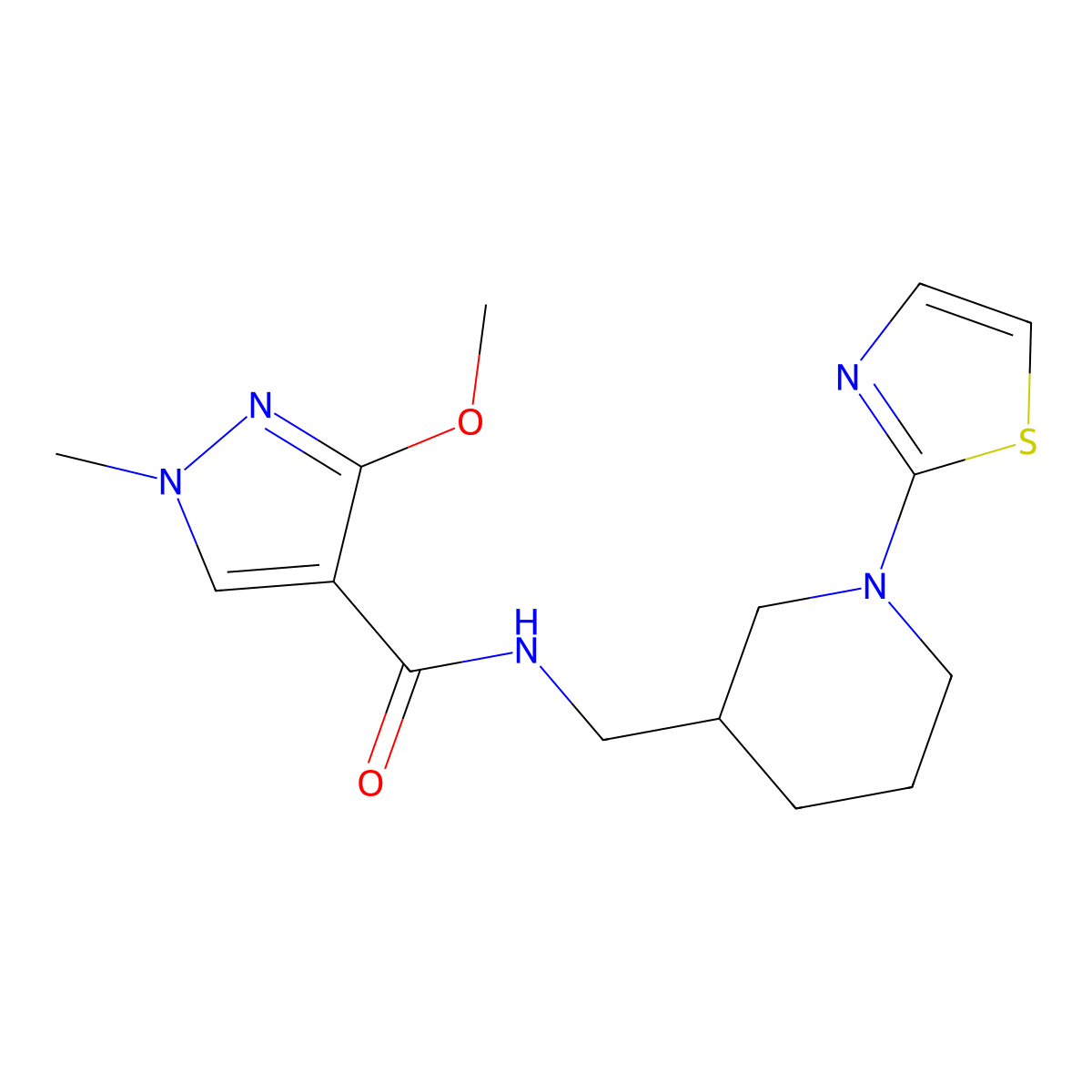 3-methoxy-1-methyl-N-((1-(thiazol-2-yl)piperidin-3-yl)methyl)-1H-pyrazole-4-carboxamide molecular structure, CAS 1704534-26-8