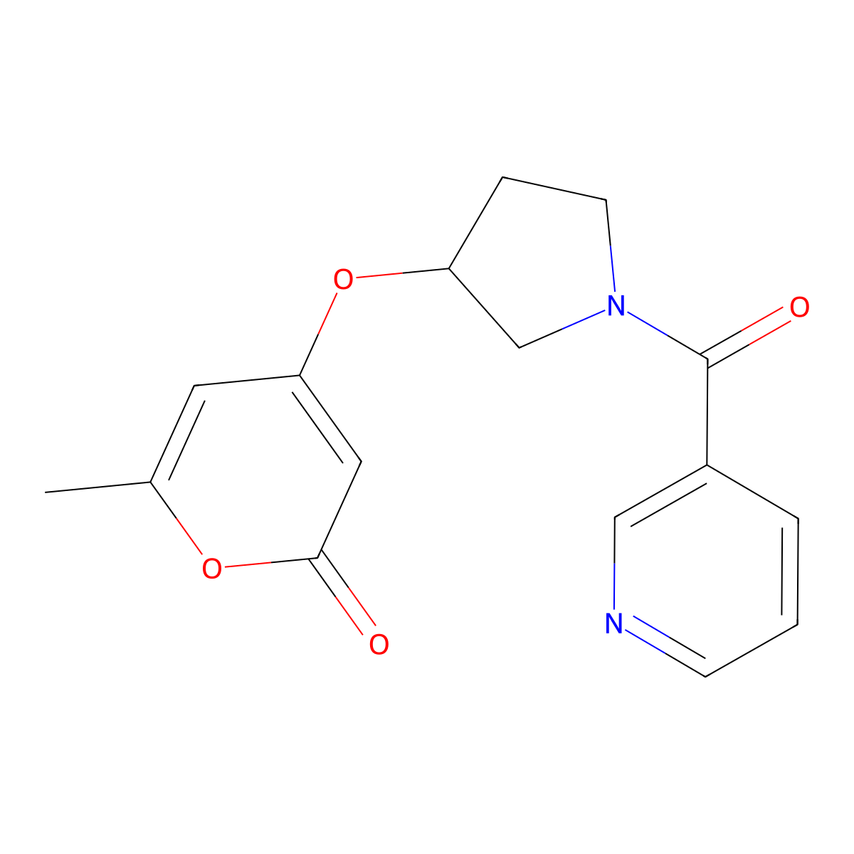 6-methyl-4-((1-nicotinoylpyrrolidin-3-yl)oxy)-2H-pyran-2-one molecular structure, CAS 1704534-58-6