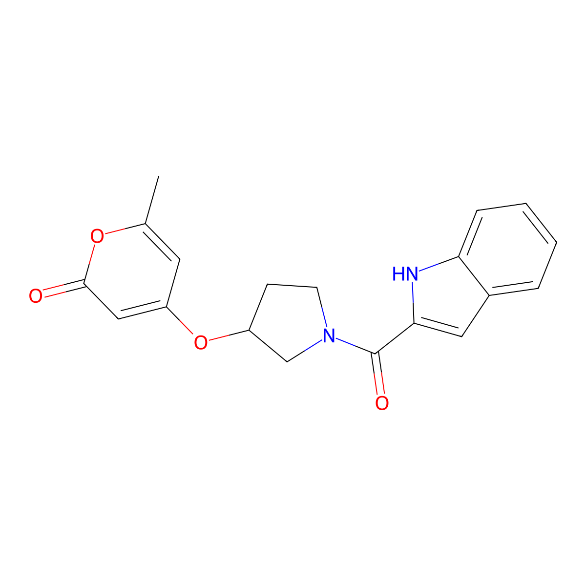 4-((1-(1H-indole-2-carbonyl)pyrrolidin-3-yl)oxy)-6-methyl-2H-pyran-2-one molecular structure, CAS 1704534-67-7