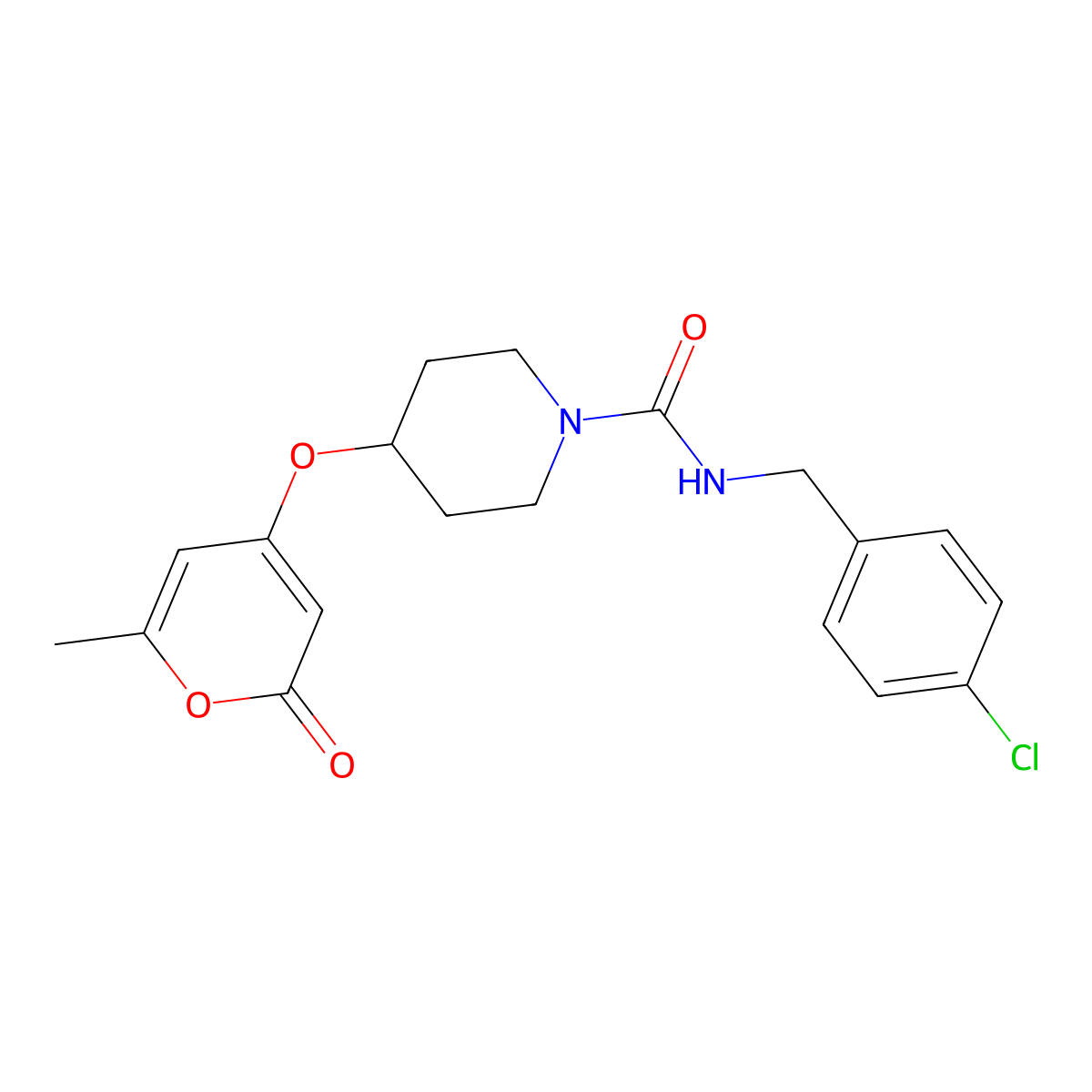 N-(4-chlorobenzyl)-4-((6-methyl-2-oxo-2H-pyran-4-yl)oxy)piperidine-1-carboxamide molecular structure, CAS 1704535-05-6