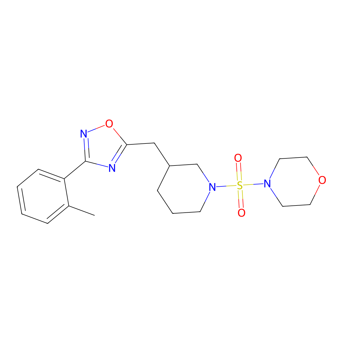 4-((3-((3-(o-Tolyl)-1,2,4-oxadiazol-5-yl)methyl)piperidin-1-yl)sulfonyl)morpholine molecular structure, CAS 1704535-55-6
