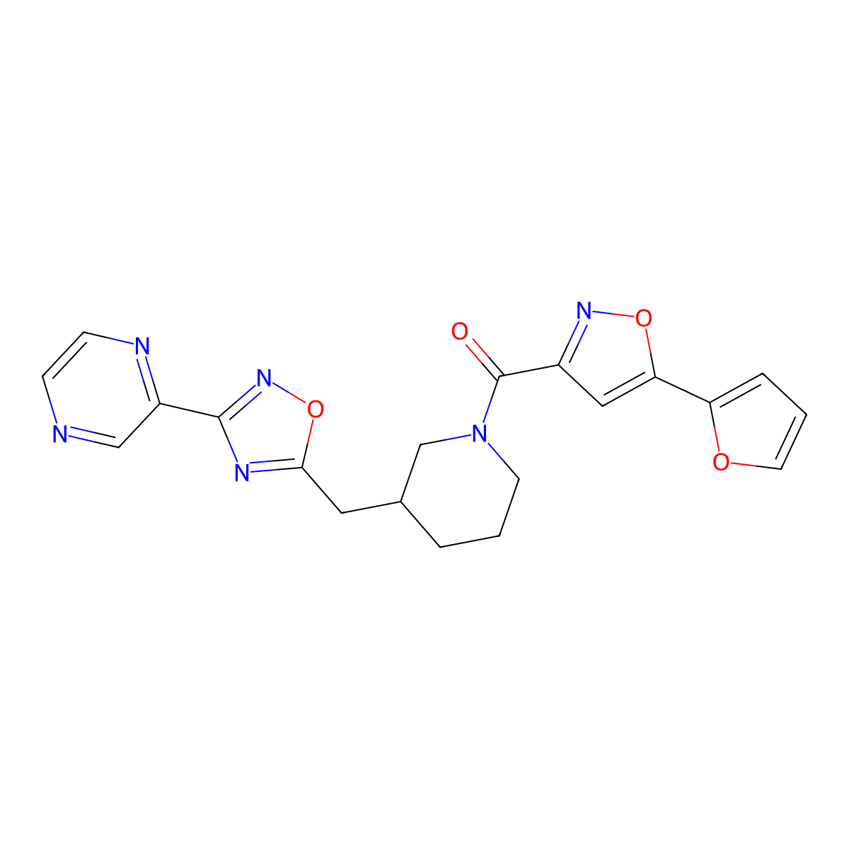 (5-(Furan-2-yl)isoxazol-3-yl)(3-((3-(pyrazin-2-yl)-1,2,4-oxadiazol-5-yl)methyl)piperidin-1-yl)methanone molecular structure, CAS 1704535-85-2
