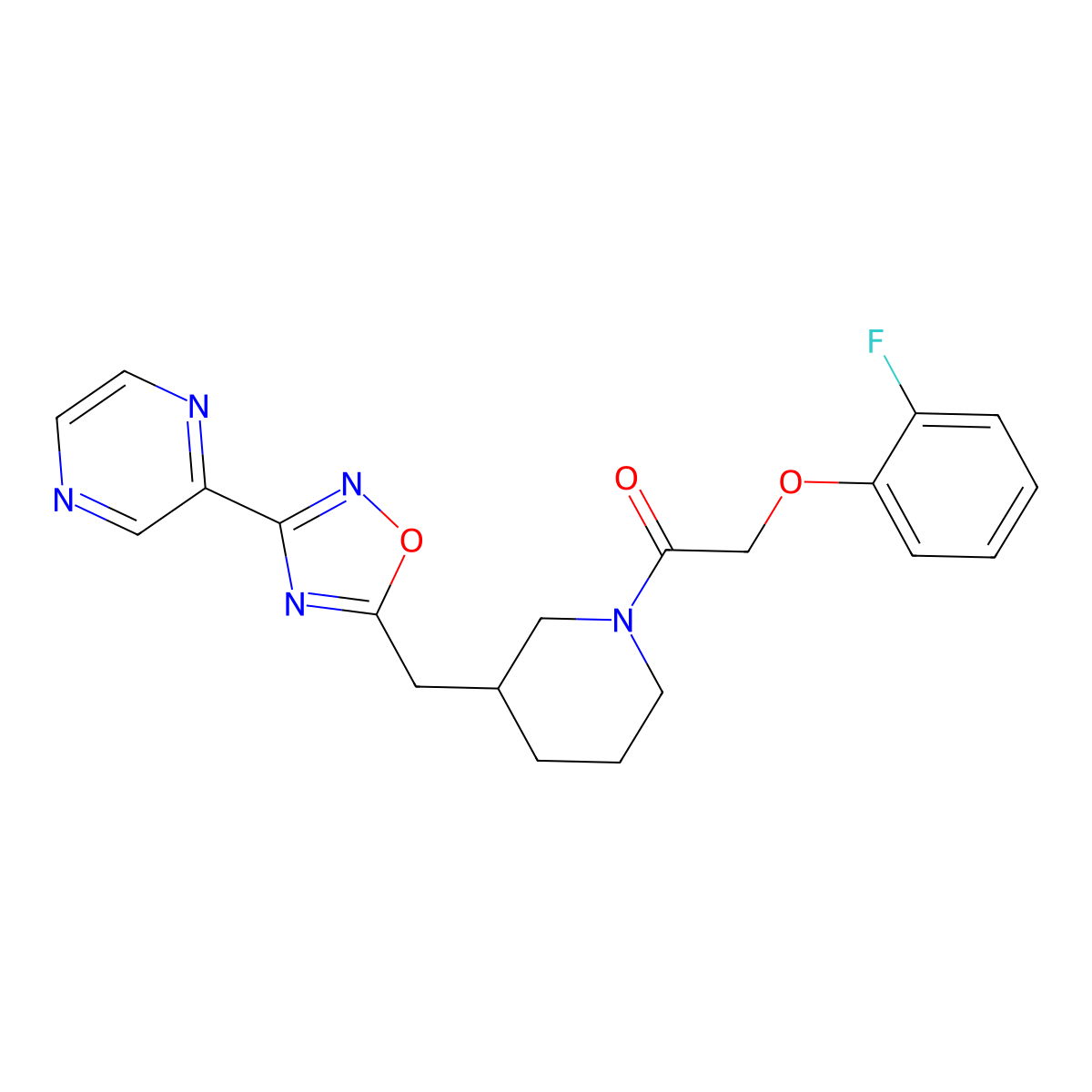 2-(2-Fluorophenoxy)-1-(3-((3-(pyrazin-2-yl)-1,2,4-oxadiazol-5-yl)methyl)piperidin-1-yl)ethanone molecular structure, CAS 1704536-04-8