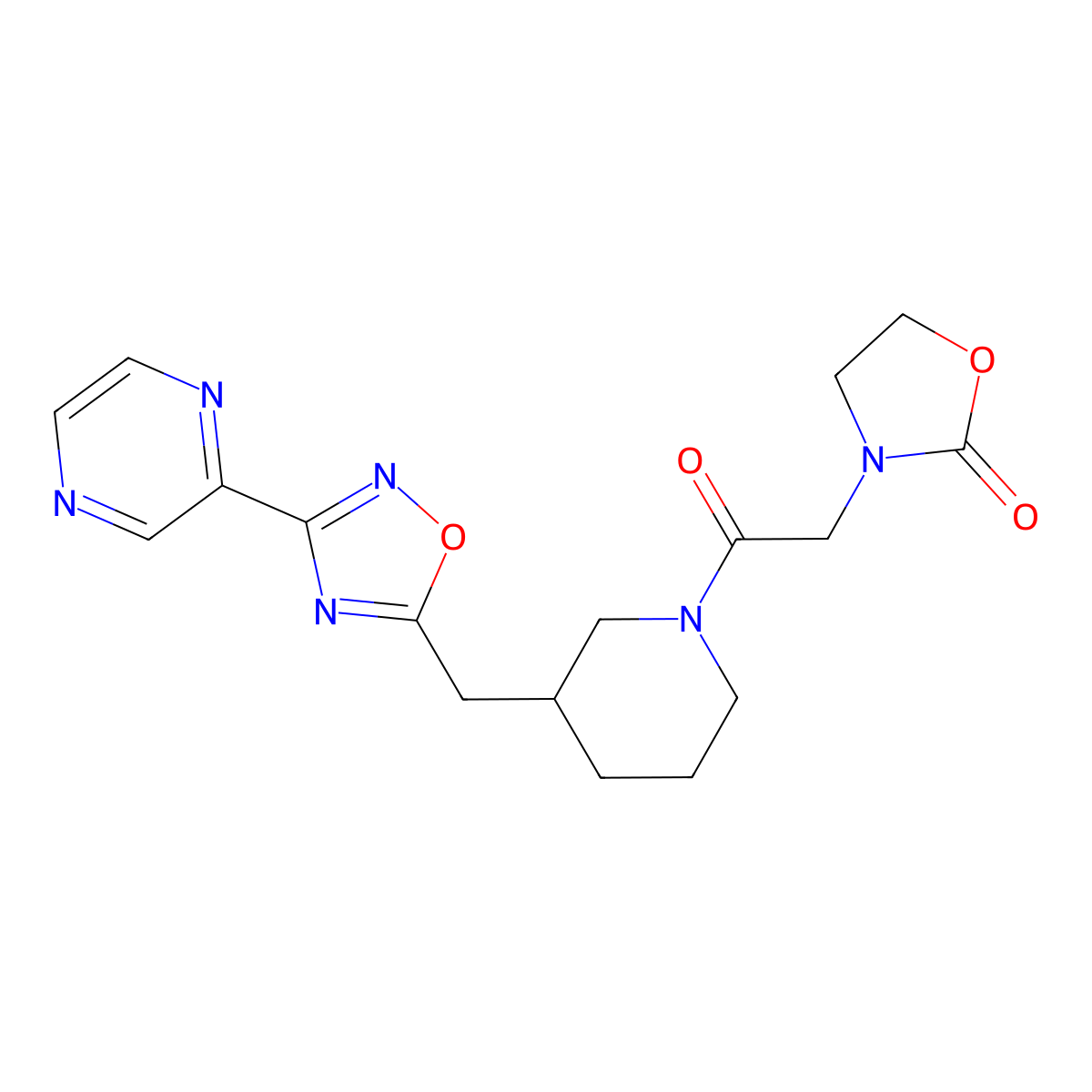3-(2-Oxo-2-(3-((3-(pyrazin-2-yl)-1,2,4-oxadiazol-5-yl)methyl)piperidin-1-yl)ethyl)oxazolidin-2-one molecular structure, CAS 1704536-08-2