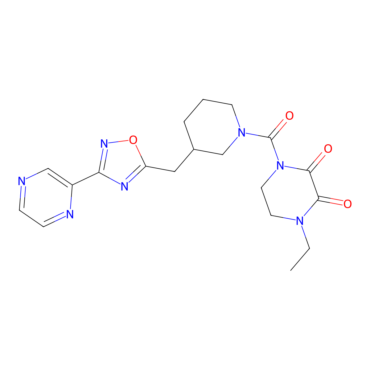 1-Ethyl-4-(3-{[3-(pyrazin-2-yl)-1,2,4-oxadiazol-5-yl]methyl}piperidine-1-carbonyl)piperazine-2,3-dione molecular structure, CAS 1704536-39-9