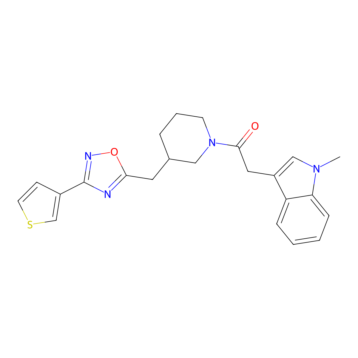2-(1-methyl-1H-indol-3-yl)-1-(3-((3-(thiophen-3-yl)-1,2,4-oxadiazol-5-yl)methyl)piperidin-1-yl)ethanone molecular structure, CAS 1704536-54-8