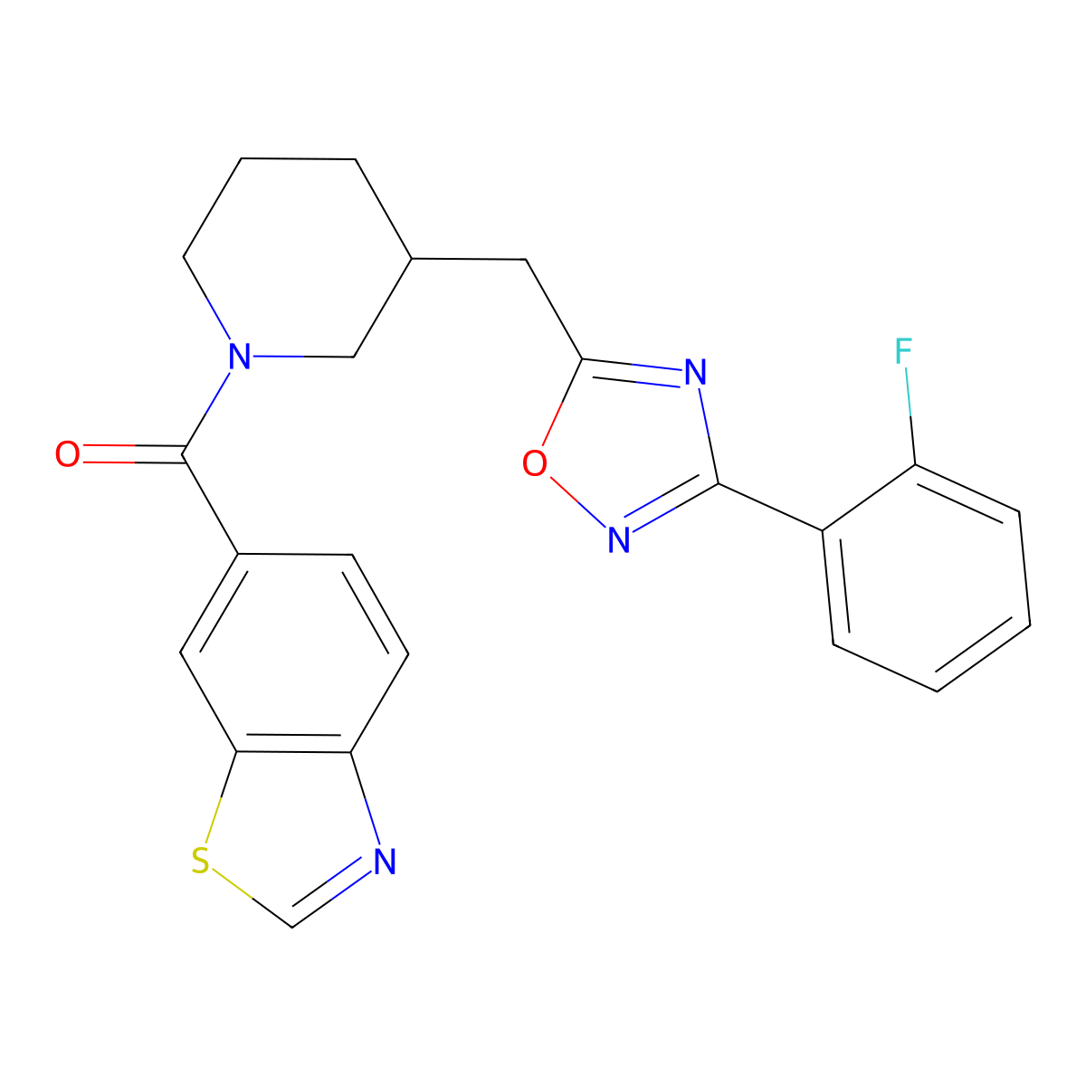 Benzo[d]thiazol-6-yl(3-((3-(2-fluorophenyl)-1,2,4-oxadiazol-5-yl)methyl)piperidin-1-yl)methanone molecular structure, CAS 1704537-60-9