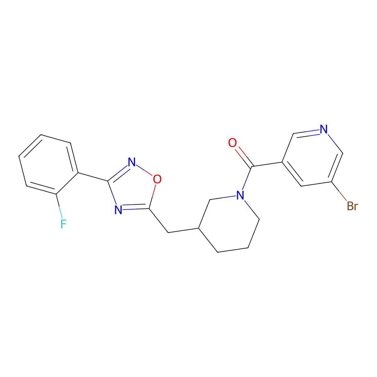 (5-Bromopyridin-3-yl)(3-((3-(2-fluorophenyl)-1,2,4-oxadiazol-5-yl)methyl)piperidin-1-yl)methanone molecular structure, CAS 1704537-68-7