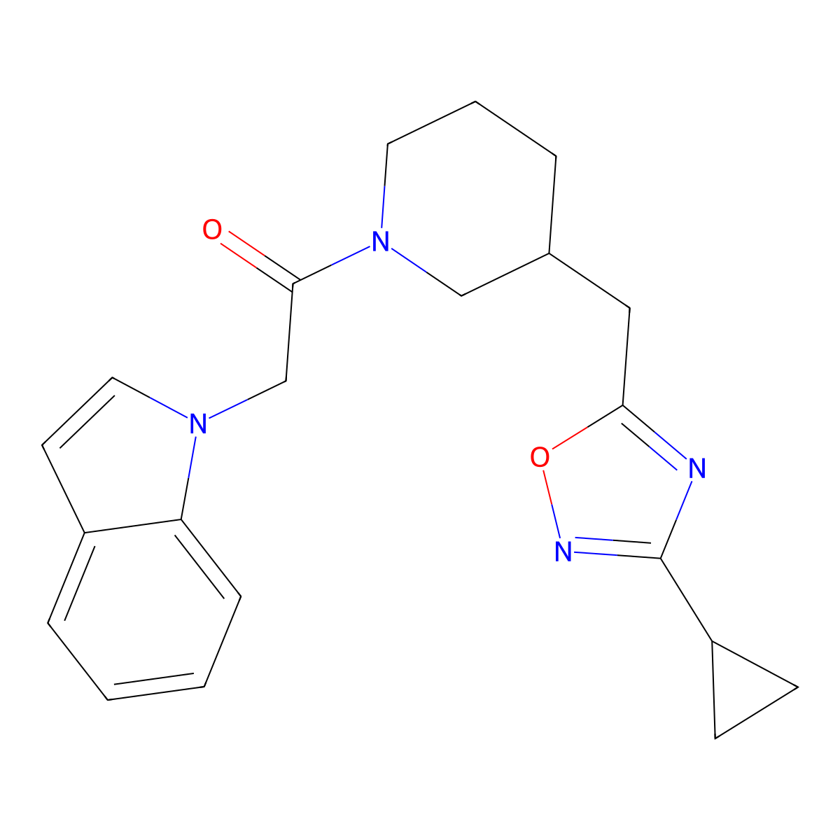 1-(3-((3-cyclopropyl-1,2,4-oxadiazol-5-yl)methyl)piperidin-1-yl)-2-(1H-indol-1-yl)ethanone molecular structure, CAS 1704538-64-6
