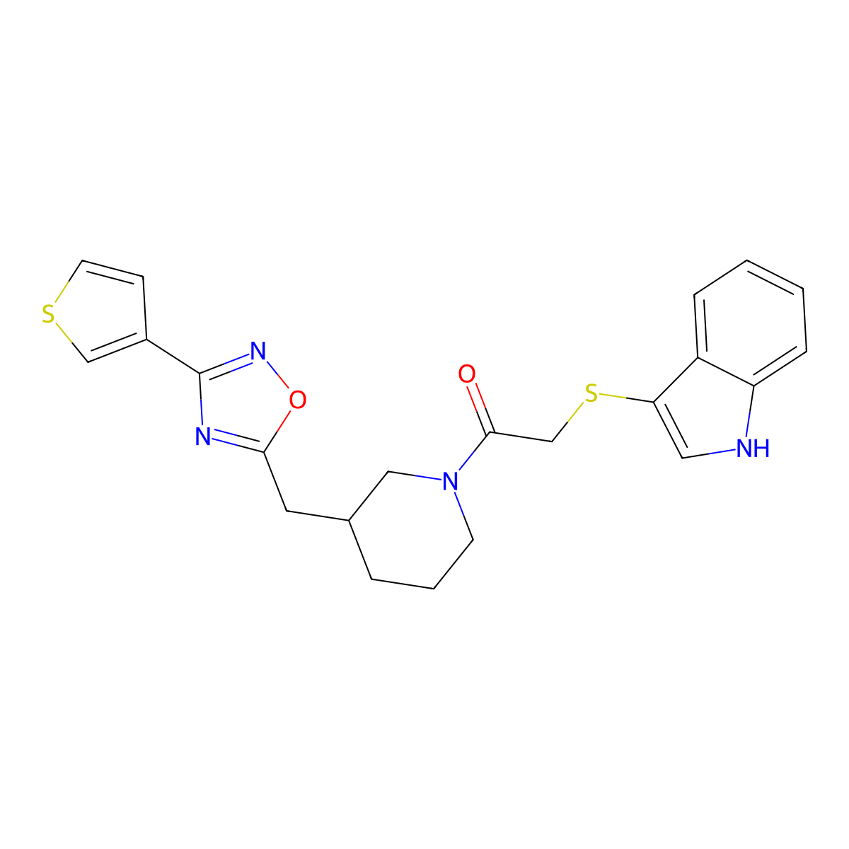 2-((1H-indol-3-yl)thio)-1-(3-((3-(thiophen-3-yl)-1,2,4-oxadiazol-5-yl)methyl)piperidin-1-yl)ethanone molecular structure, CAS 1704539-33-2