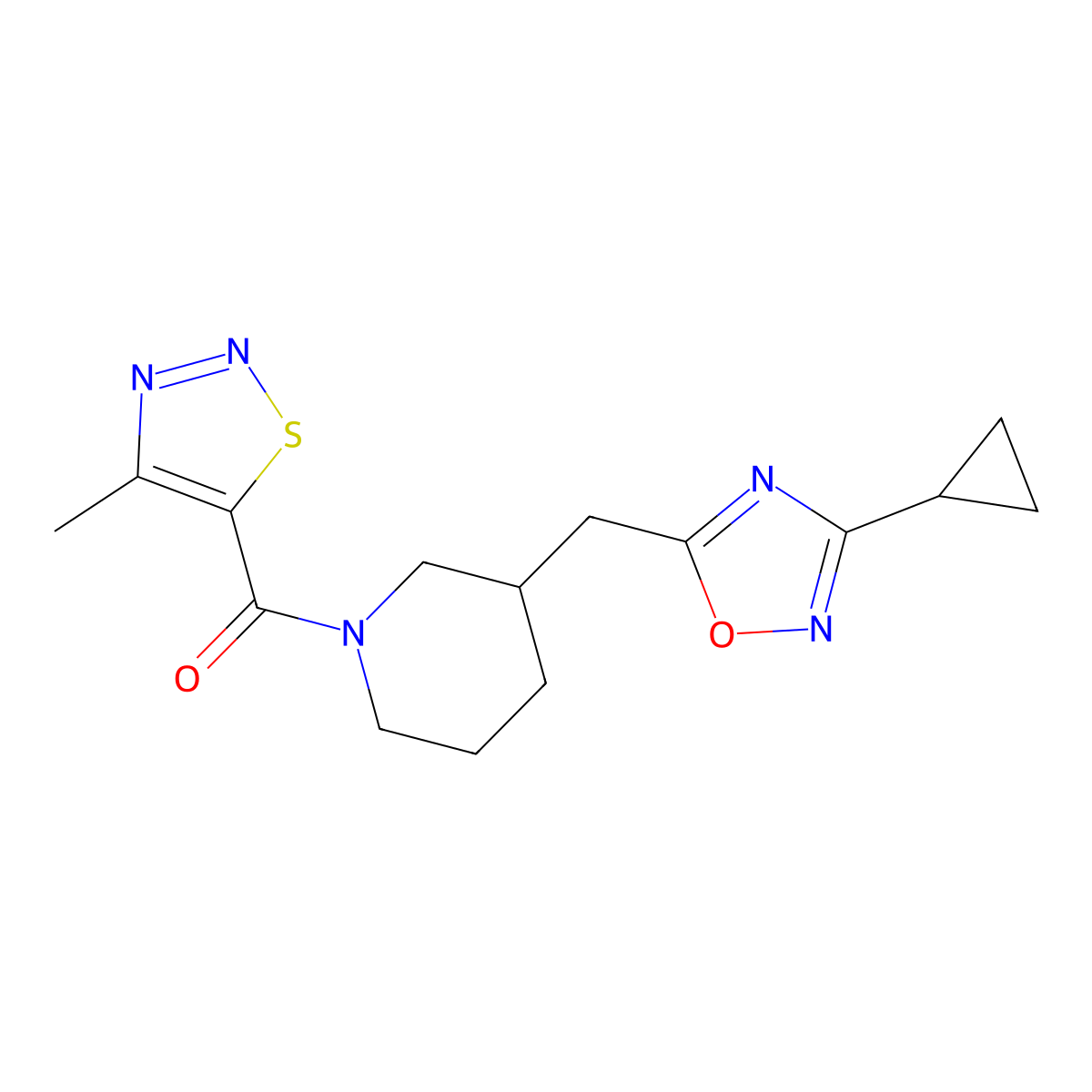 (3-((3-Cyclopropyl-1,2,4-oxadiazol-5-yl)methyl)piperidin-1-yl)(4-methyl-1,2,3-thiadiazol-5-yl)methanone molecular structure, CAS 1704539-45-6