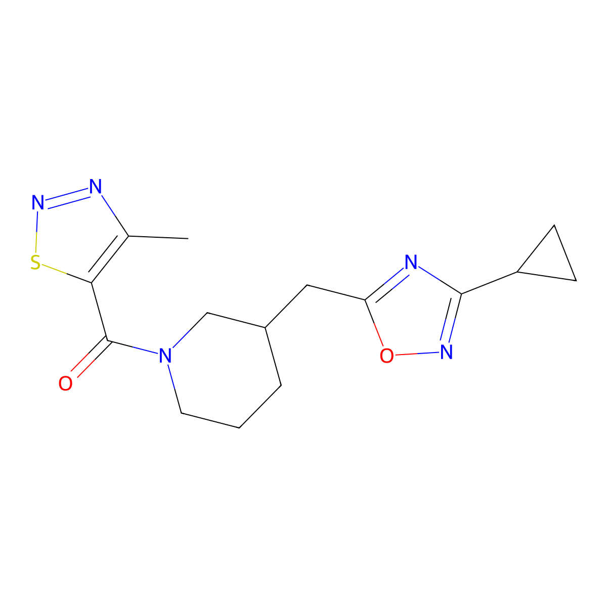 (3-((3-Cyclopropyl-1,2,4-oxadiazol-5-yl)methyl)piperidin-1-yl)(4-methyl-1,2,3-thiadiazol-5-yl)methanone molecular structure, CAS 1704539-45-6