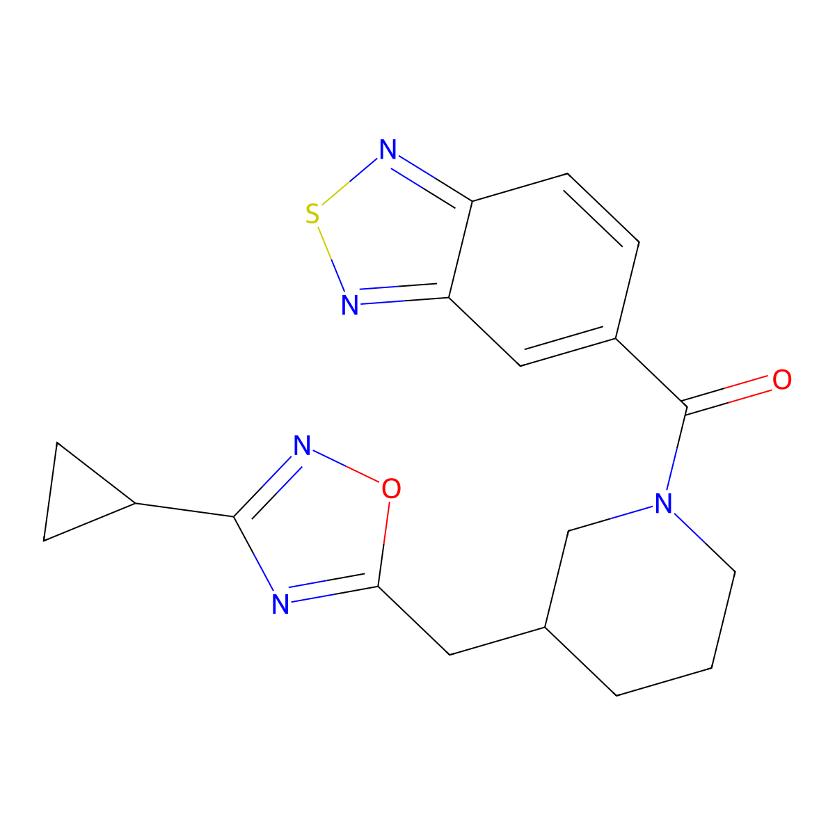 Benzo[c][1,2,5]thiadiazol-5-yl(3-((3-cyclopropyl-1,2,4-oxadiazol-5-yl)methyl)piperidin-1-yl)methanone molecular structure, CAS 1704539-53-6