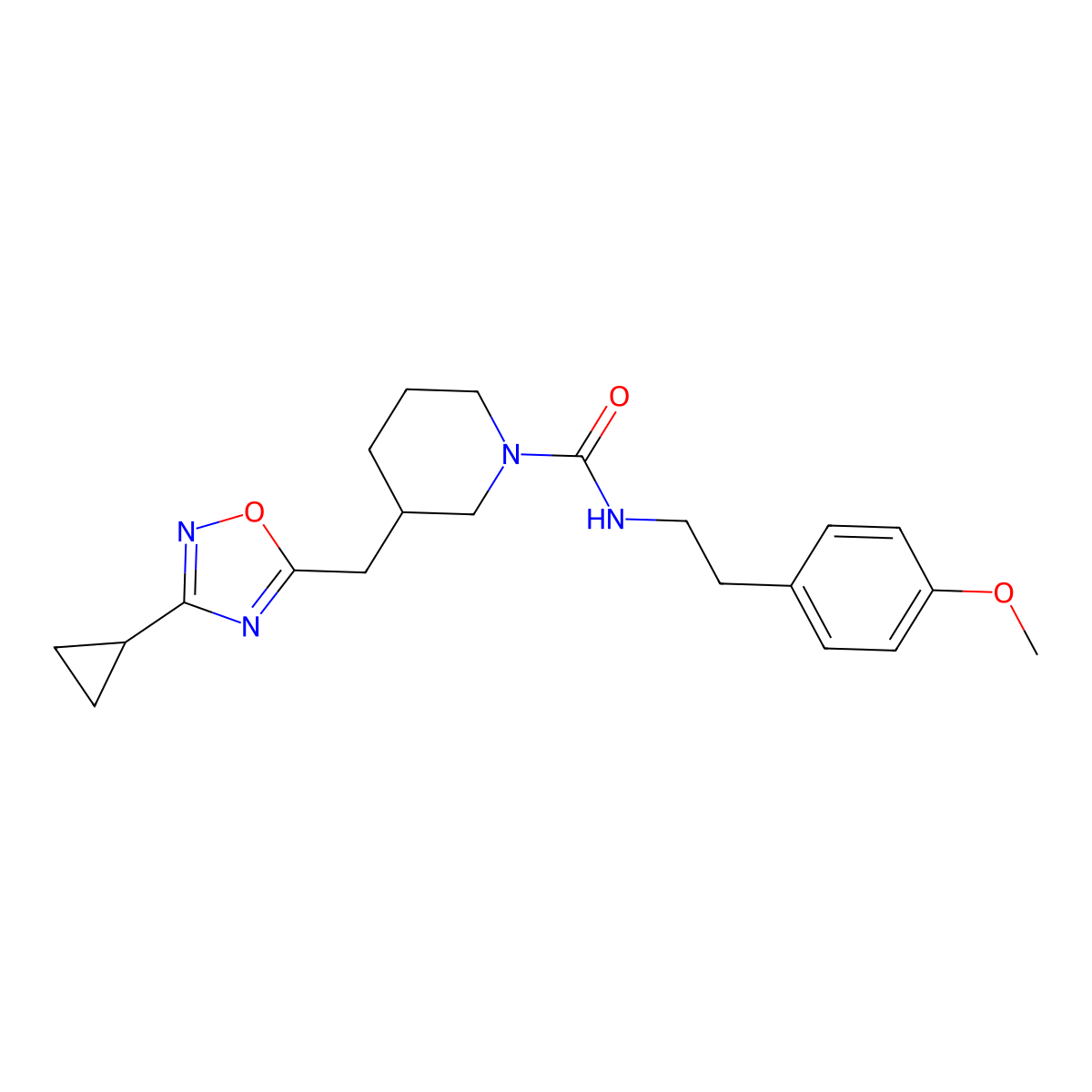 3-((3-cyclopropyl-1,2,4-oxadiazol-5-yl)methyl)-N-(4-methoxyphenethyl)piperidine-1-carboxamide molecular structure, CAS 1704539-71-8
