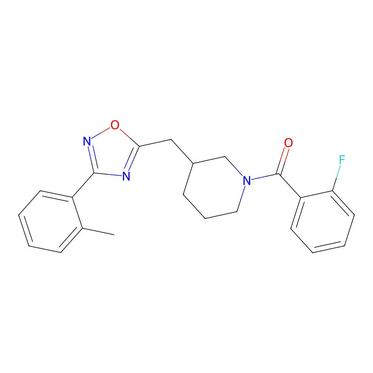 (2-Fluorophenyl)(3-((3-(o-tolyl)-1,2,4-oxadiazol-5-yl)methyl)piperidin-1-yl)methanone molecular structure, CAS 1704540-17-9