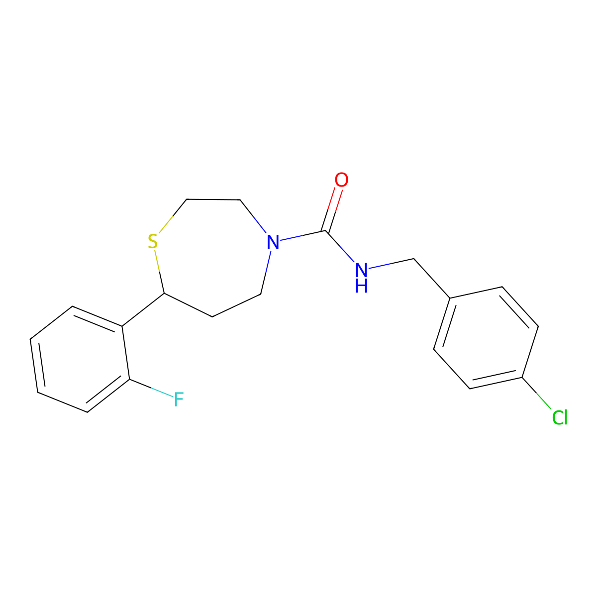N-(4-chlorobenzyl)-7-(2-fluorophenyl)-1,4-thiazepane-4-carboxamide molecular structure, CAS 1704550-43-5