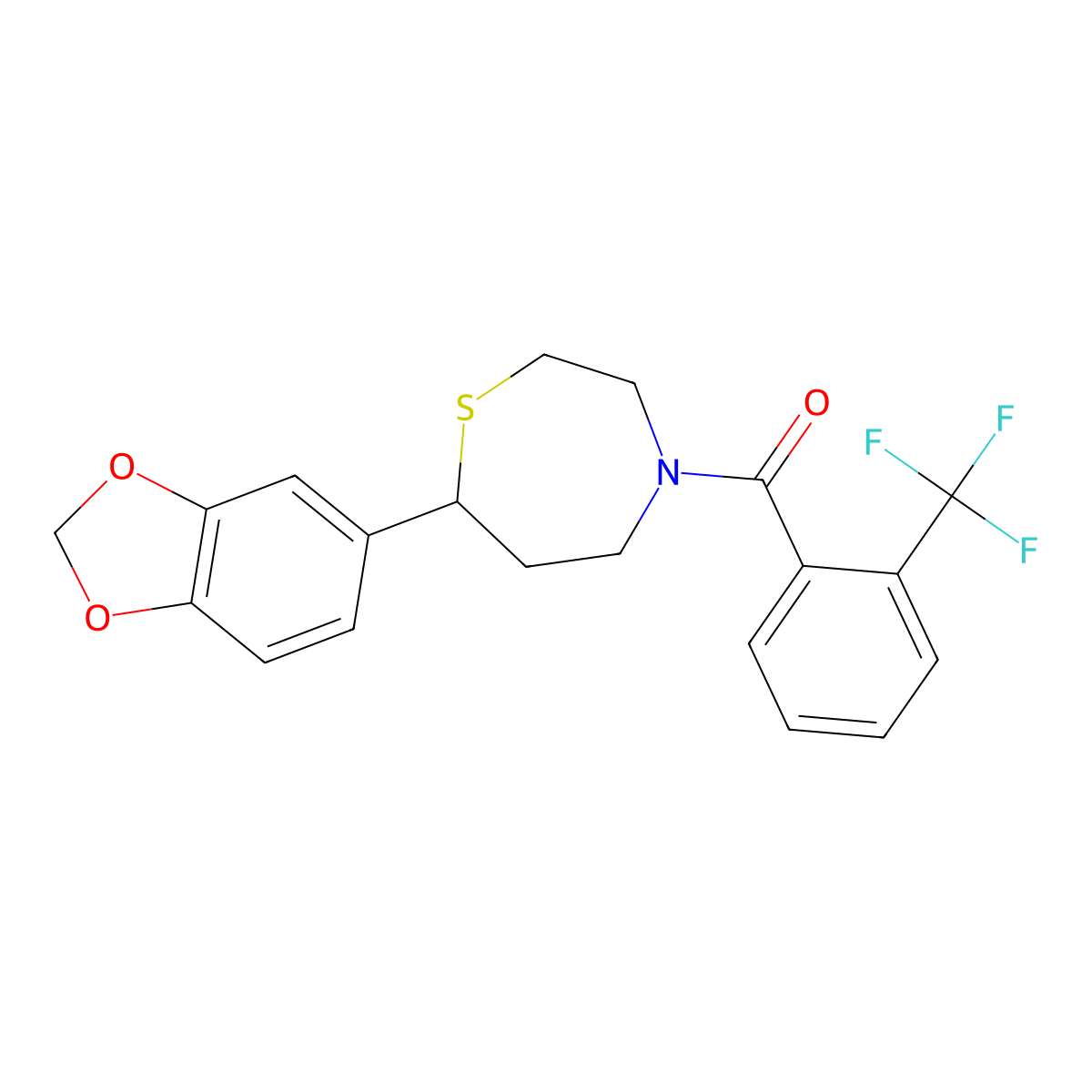 (7-(Benzo[d][1,3]dioxol-5-yl)-1,4-thiazepan-4-yl)(2-(trifluoromethyl)phenyl)methanone molecular structure, CAS 1704550-82-2