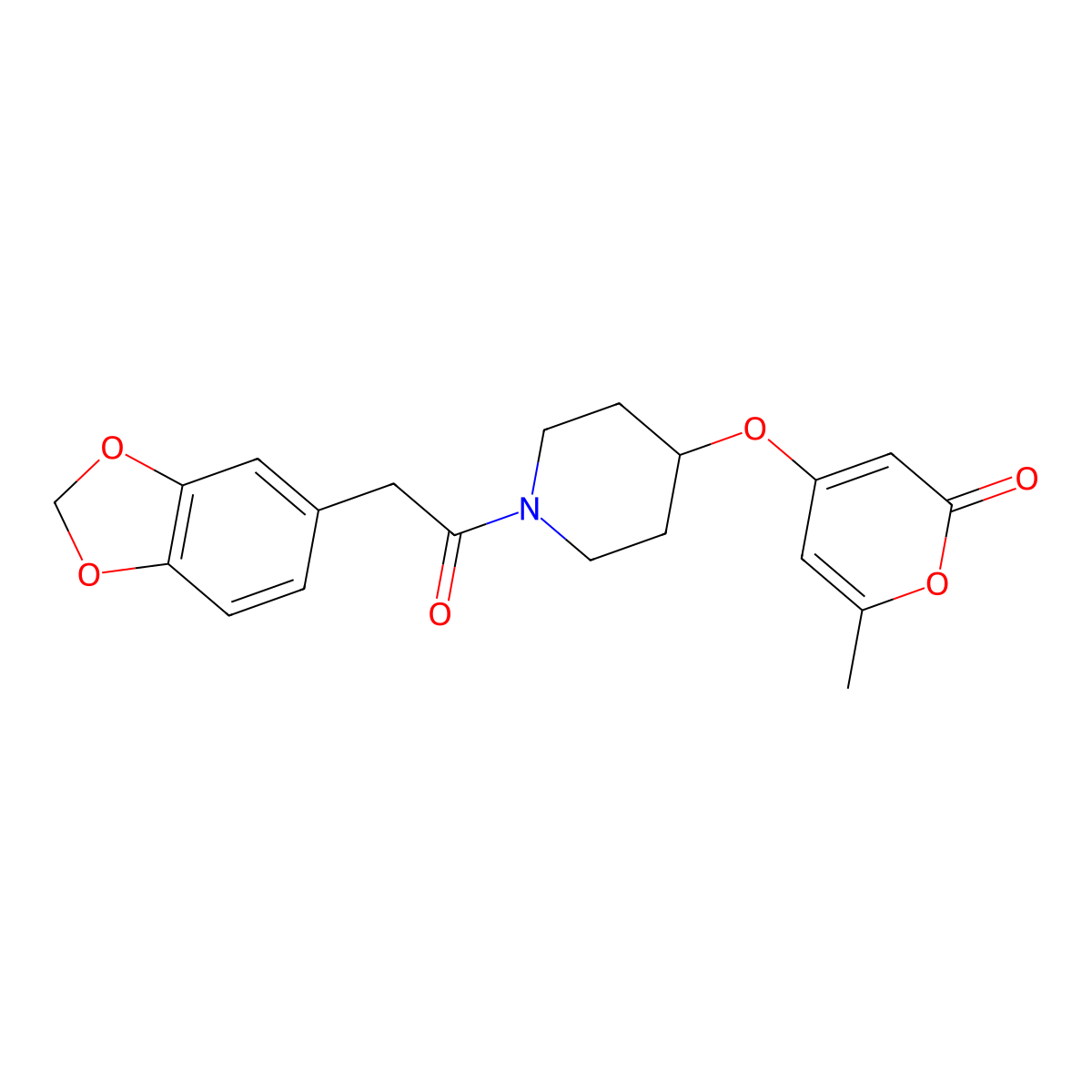 4-((1-(2-(benzo[d][1,3]dioxol-5-yl)acetyl)piperidin-4-yl)oxy)-6-methyl-2H-pyran-2-one molecular structure, CAS 1704551-09-6