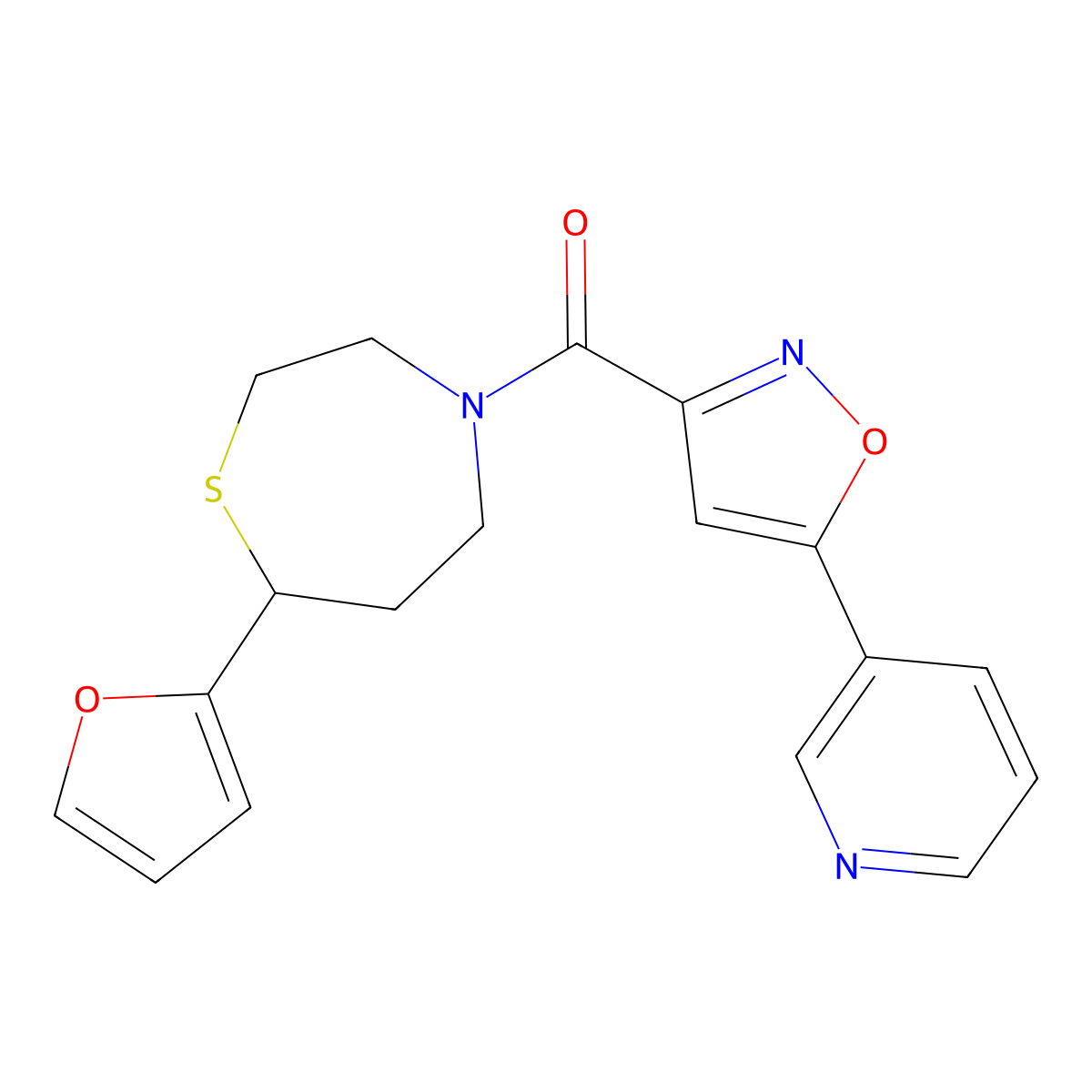 (7-(Furan-2-yl)-1,4-thiazepan-4-yl)(5-(pyridin-3-yl)isoxazol-3-yl)methanone molecular structure, CAS 1704558-57-5