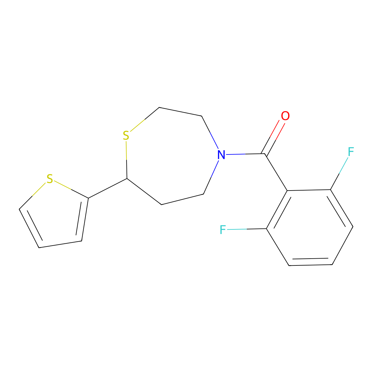 (2,6-Difluorophenyl)(7-(thiophen-2-yl)-1,4-thiazepan-4-yl)methanone molecular structure, CAS 1704559-40-9