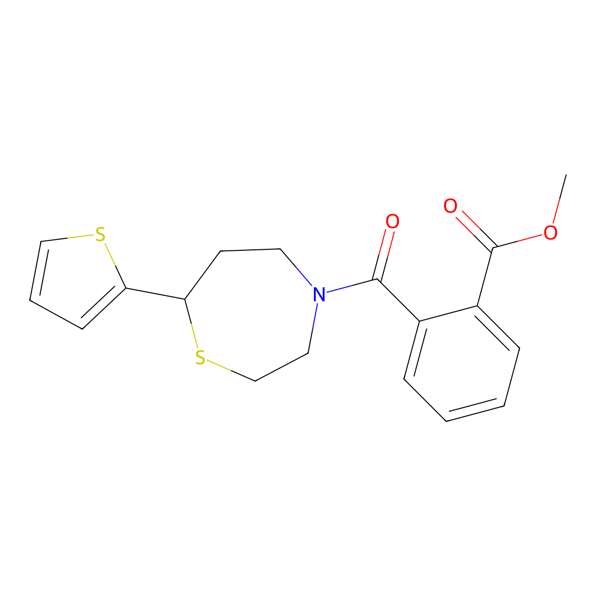 Methyl 2-[7-(thiophen-2-yl)-1,4-thiazepane-4-carbonyl]benzoate molecular structure, CAS 1704559-45-4