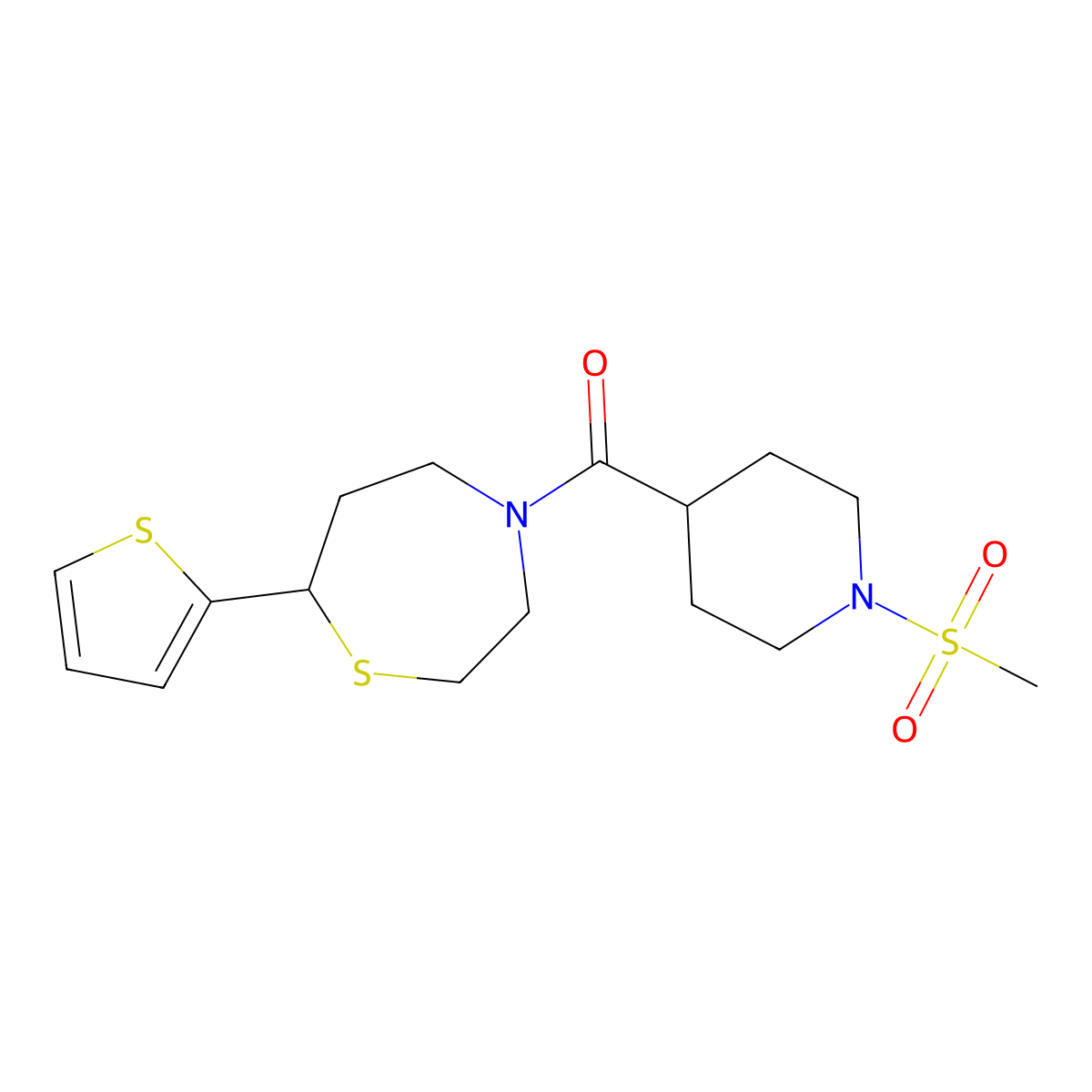(1-(Methylsulfonyl)piperidin-4-yl)(7-(thiophen-2-yl)-1,4-thiazepan-4-yl)methanone molecular structure, CAS 1704559-69-2