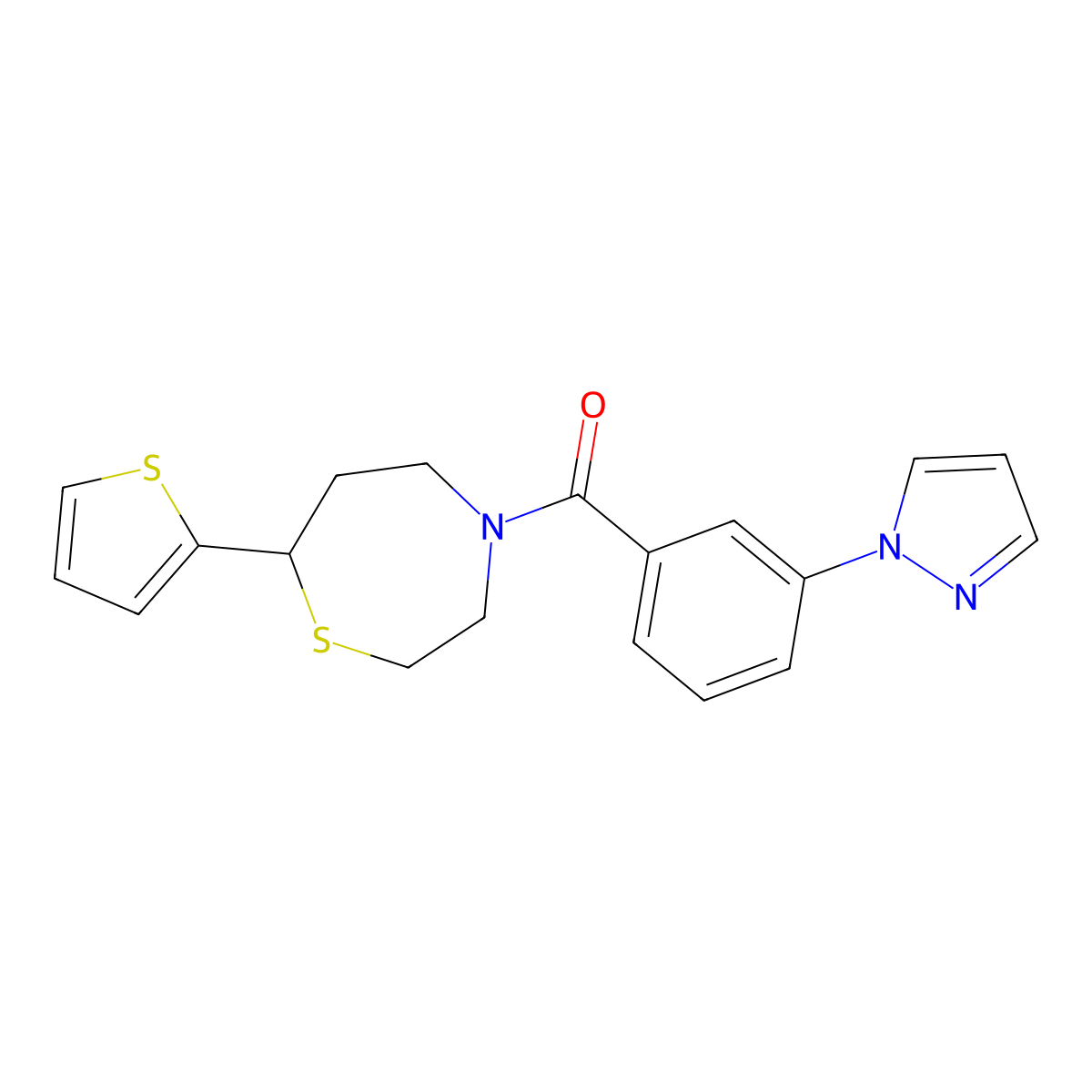(3-(1H-pyrazol-1-yl)phenyl)(7-(thiophen-2-yl)-1,4-thiazepan-4-yl)methanone molecular structure, CAS 1704559-94-3