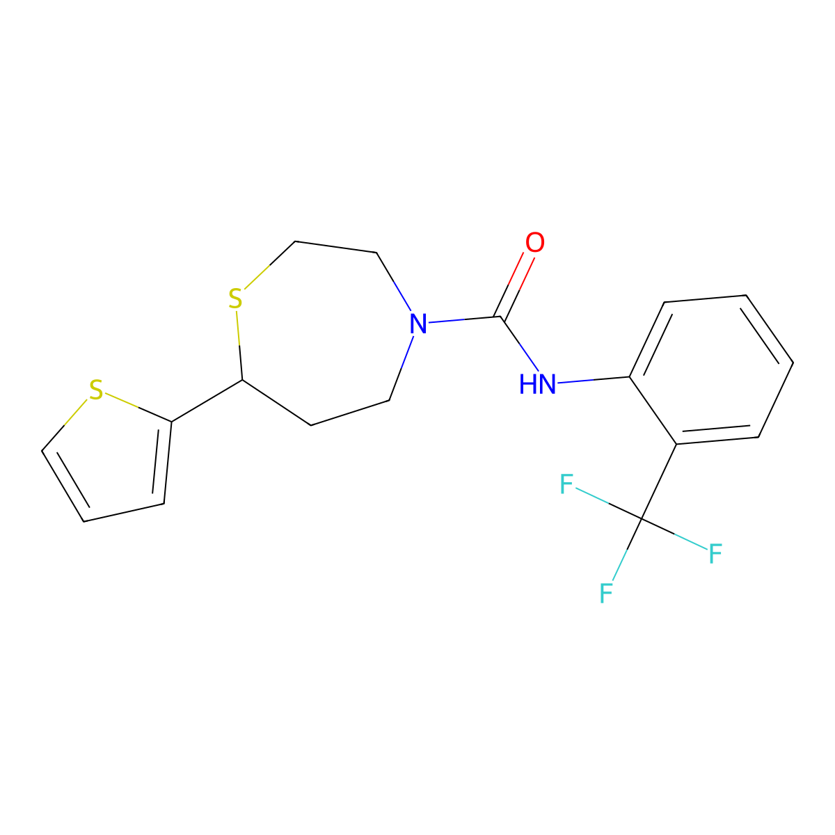 7-(thiophen-2-yl)-N-(2-(trifluoromethyl)phenyl)-1,4-thiazepane-4-carboxamide molecular structure, CAS 1704560-30-4