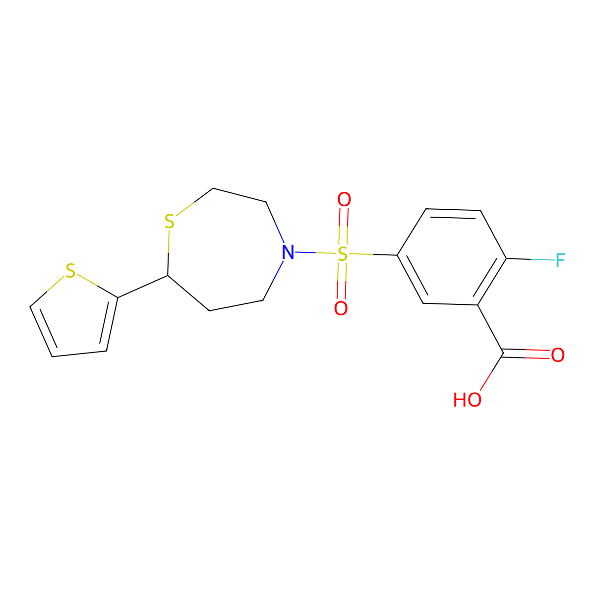 2-Fluoro-5-{[7-(thiophen-2-yl)-1,4-thiazepan-4-yl]sulfonyl}benzoic acid molecular structure, CAS 1704560-56-4