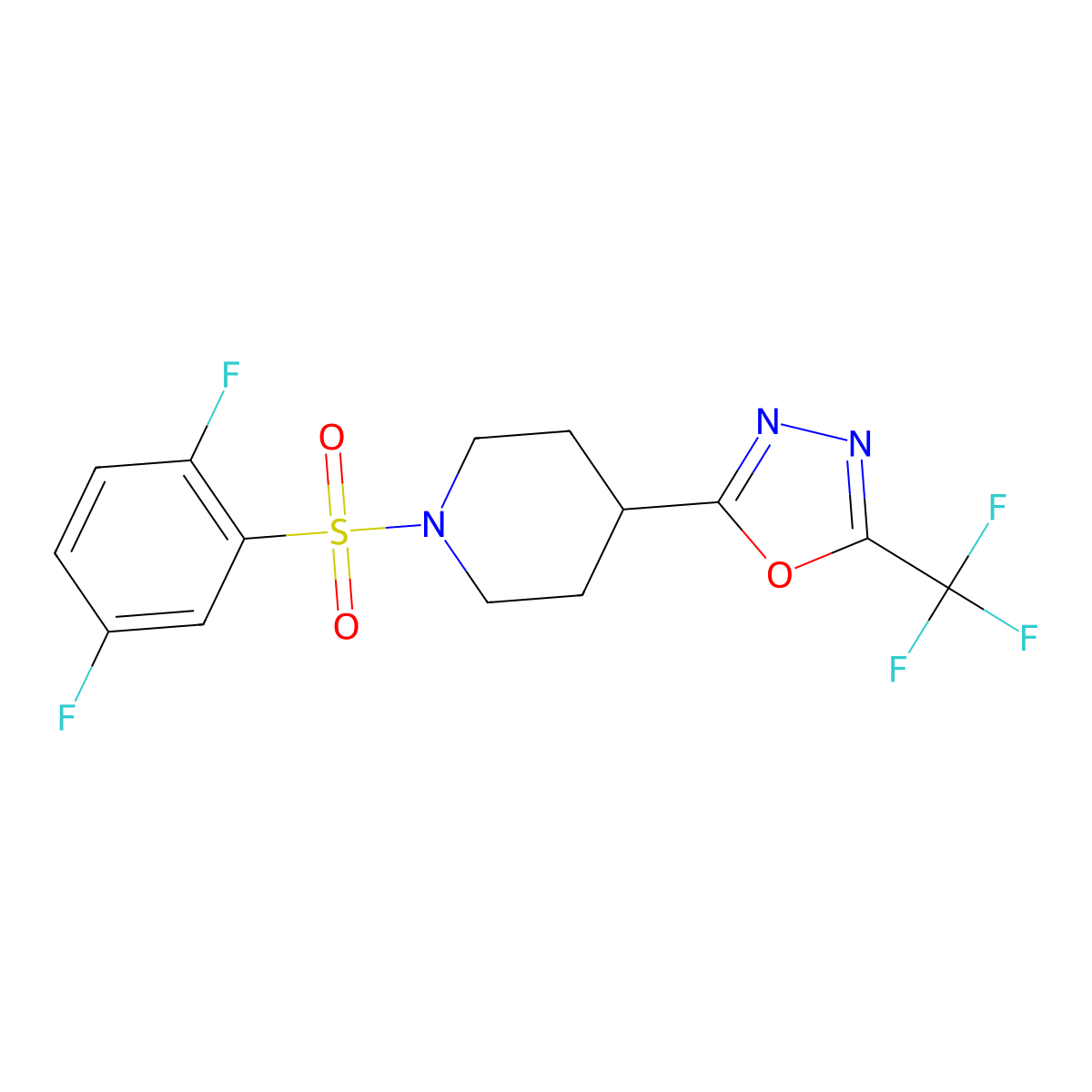 2-(1-((2,5-Difluorophenyl)sulfonyl)piperidin-4-yl)-5-(trifluoromethyl)-1,3,4-oxadiazole molecular structure, CAS 1704565-22-9