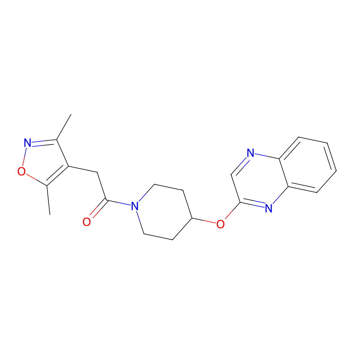 2-(3,5-Dimethylisoxazol-4-yl)-1-(4-(quinoxalin-2-yloxy)piperidin-1-yl)ethanone molecular structure, CAS 1704565-90-1