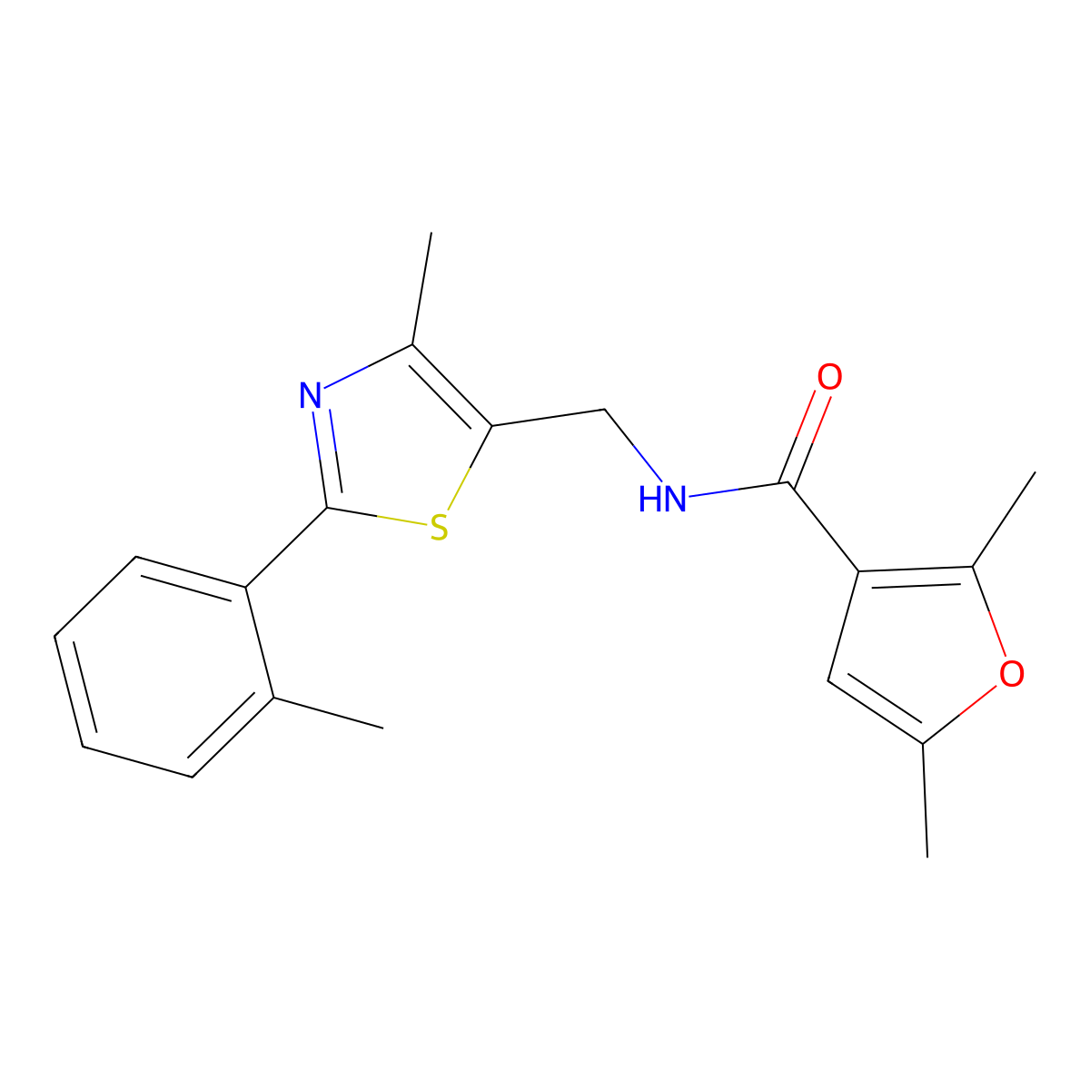 2,5-dimethyl-N-((4-methyl-2-(o-tolyl)thiazol-5-yl)methyl)furan-3-carboxamide molecular structure, CAS 1704598-36-6