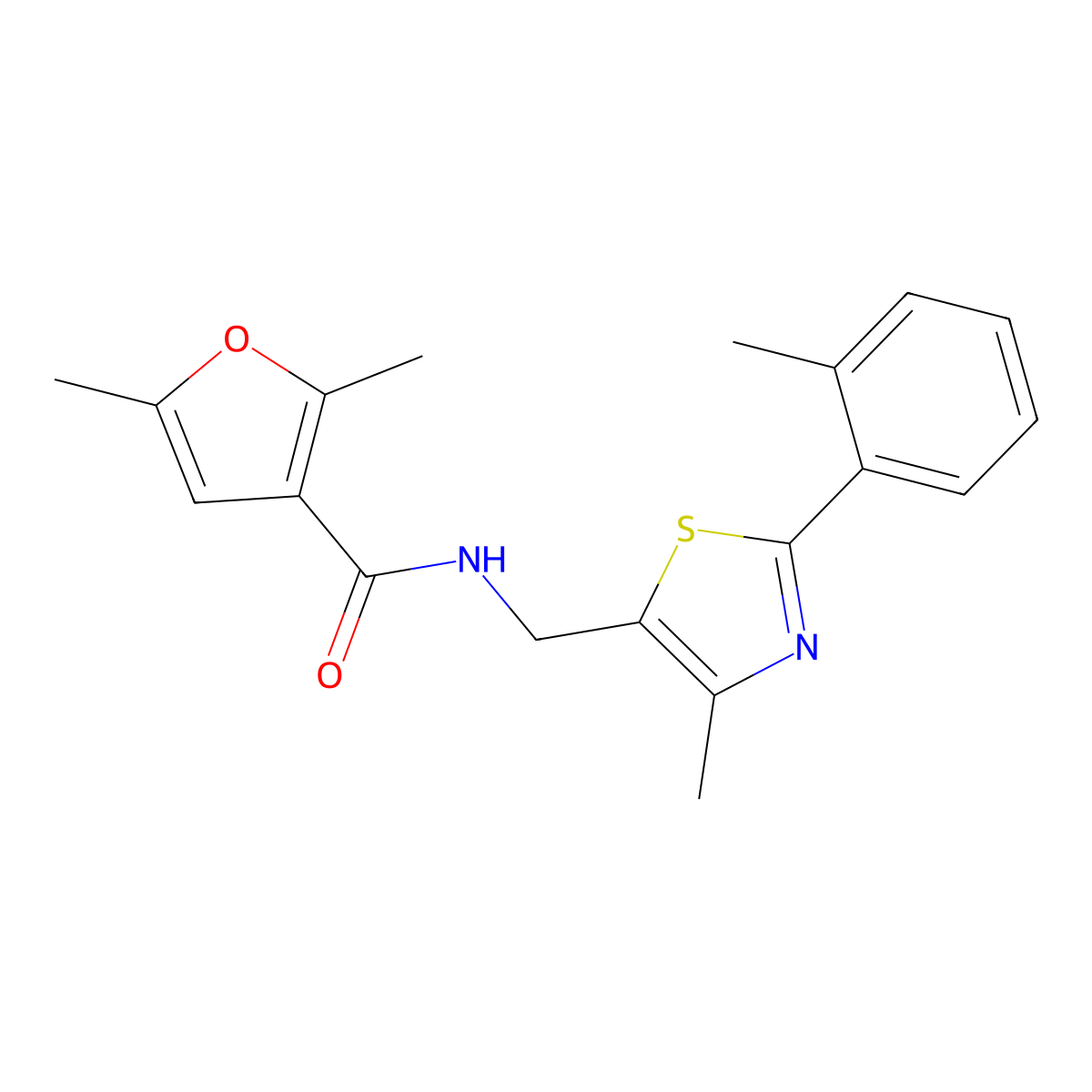 2,5-dimethyl-N-((4-methyl-2-(o-tolyl)thiazol-5-yl)methyl)furan-3-carboxamide molecular structure, CAS 1704598-36-6