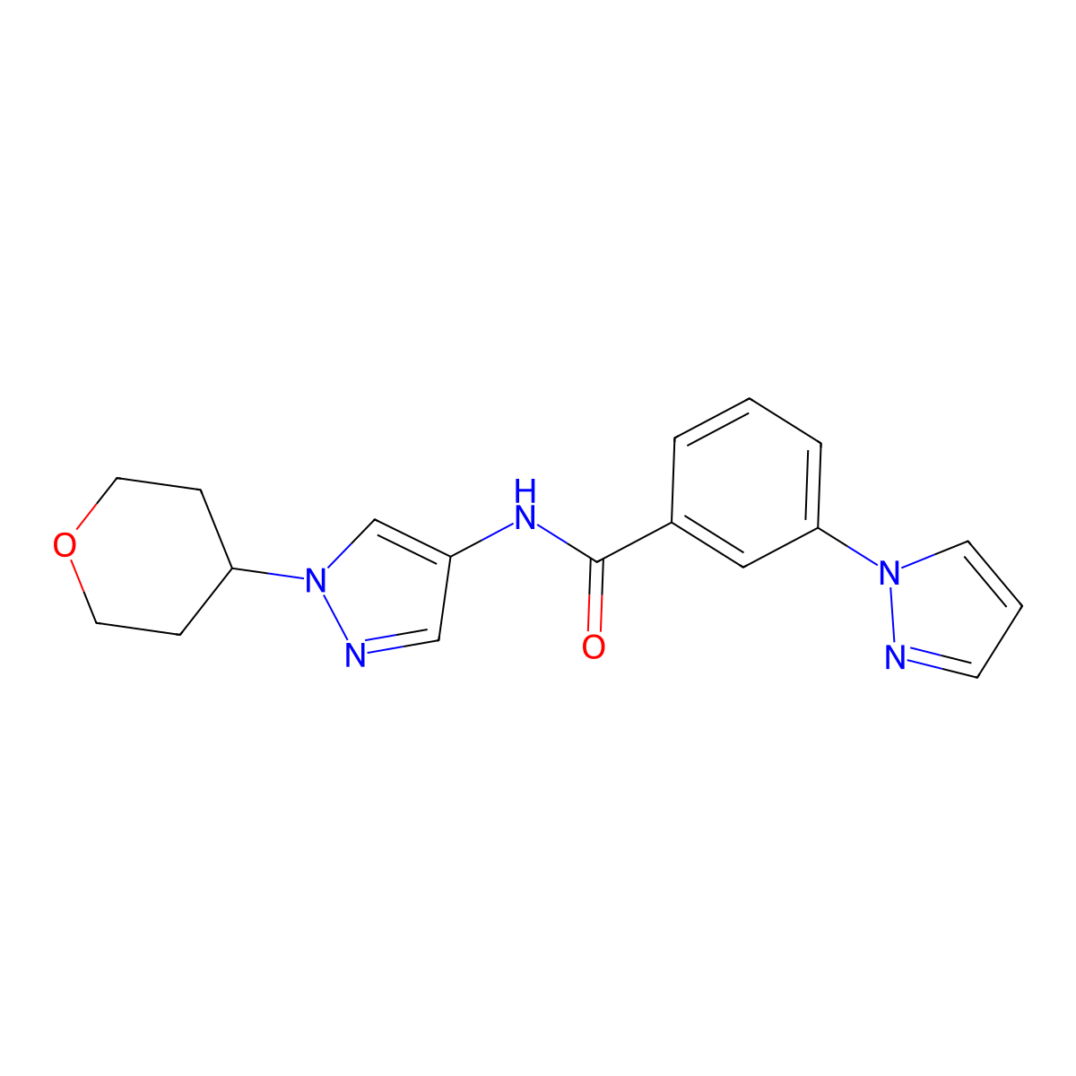 3-(1H-pyrazol-1-yl)-N-(1-(tetrahydro-2H-pyran-4-yl)-1H-pyrazol-4-yl)benzamide molecular structure, CAS 1704620-99-4
