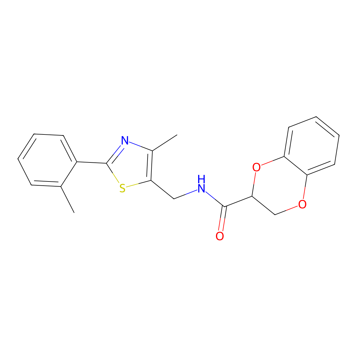 N-((4-methyl-2-(o-tolyl)thiazol-5-yl)methyl)-2,3-dihydrobenzo[b][1,4]dioxine-2-carboxamide molecular structure, CAS 1704629-66-2