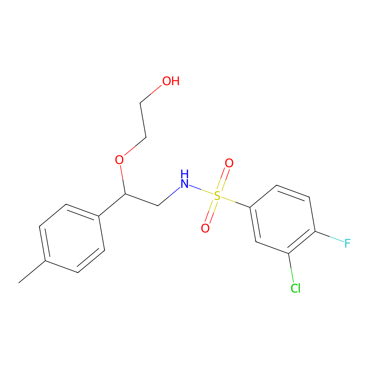 3-chloro-4-fluoro-N-(2-(2-hydroxyethoxy)-2-(p-tolyl)ethyl)benzenesulfonamide molecular structure, CAS 1704629-96-8