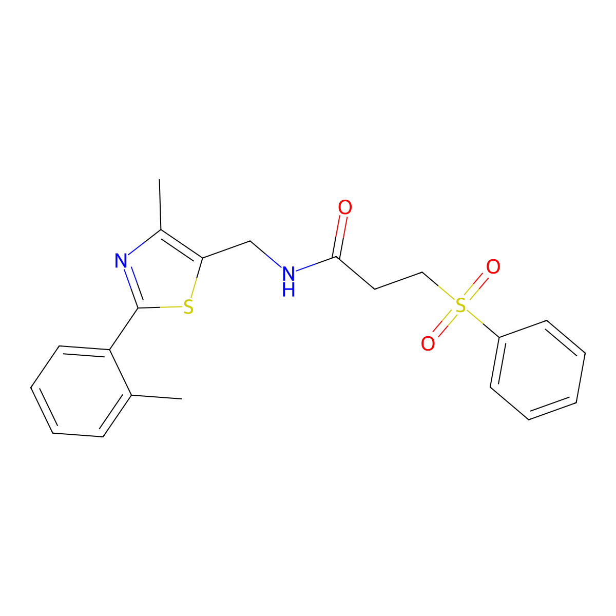N-((4-methyl-2-(o-tolyl)thiazol-5-yl)methyl)-3-(phenylsulfonyl)propanamide molecular structure, CAS 1704630-31-8