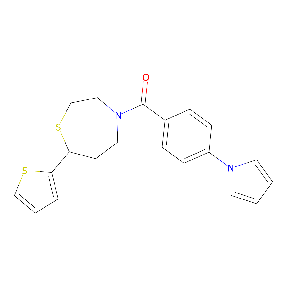 (4-(1H-pyrrol-1-yl)phenyl)(7-(thiophen-2-yl)-1,4-thiazepan-4-yl)methanone molecular structure, CAS 1704635-46-0