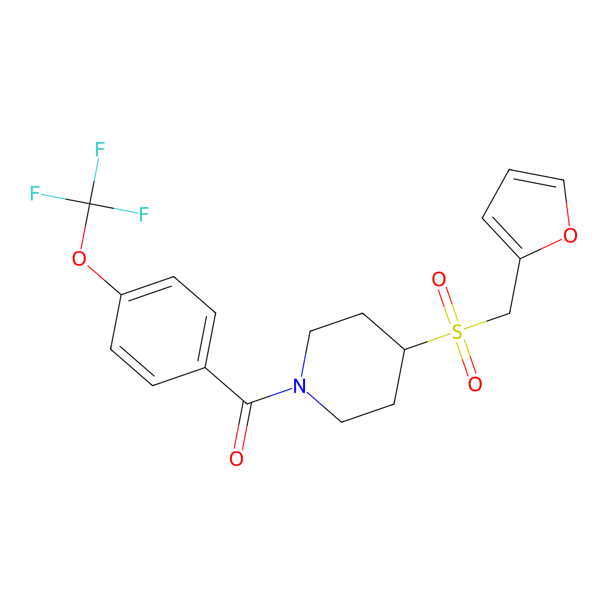 (4-((Furan-2-ylmethyl)sulfonyl)piperidin-1-yl)(4-(trifluoromethoxy)phenyl)methanone molecular structure, CAS 1704636-01-0
