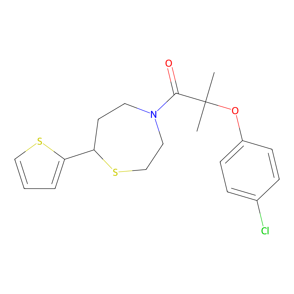 2-(4-Chlorophenoxy)-2-methyl-1-(7-(thiophen-2-yl)-1,4-thiazepan-4-yl)propan-1-one molecular structure, CAS 1704636-60-1