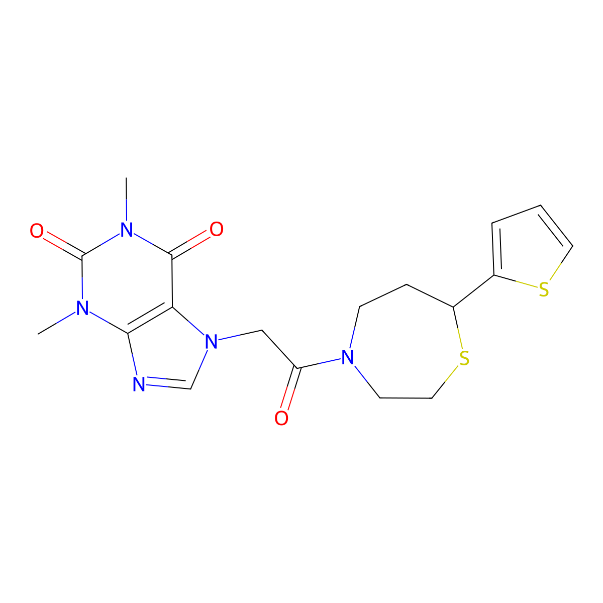 1,3-dimethyl-7-(2-oxo-2-(7-(thiophen-2-yl)-1,4-thiazepan-4-yl)ethyl)-1H-purine-2,6(3H,7H)-dione molecular structure, CAS 1704636-83-8