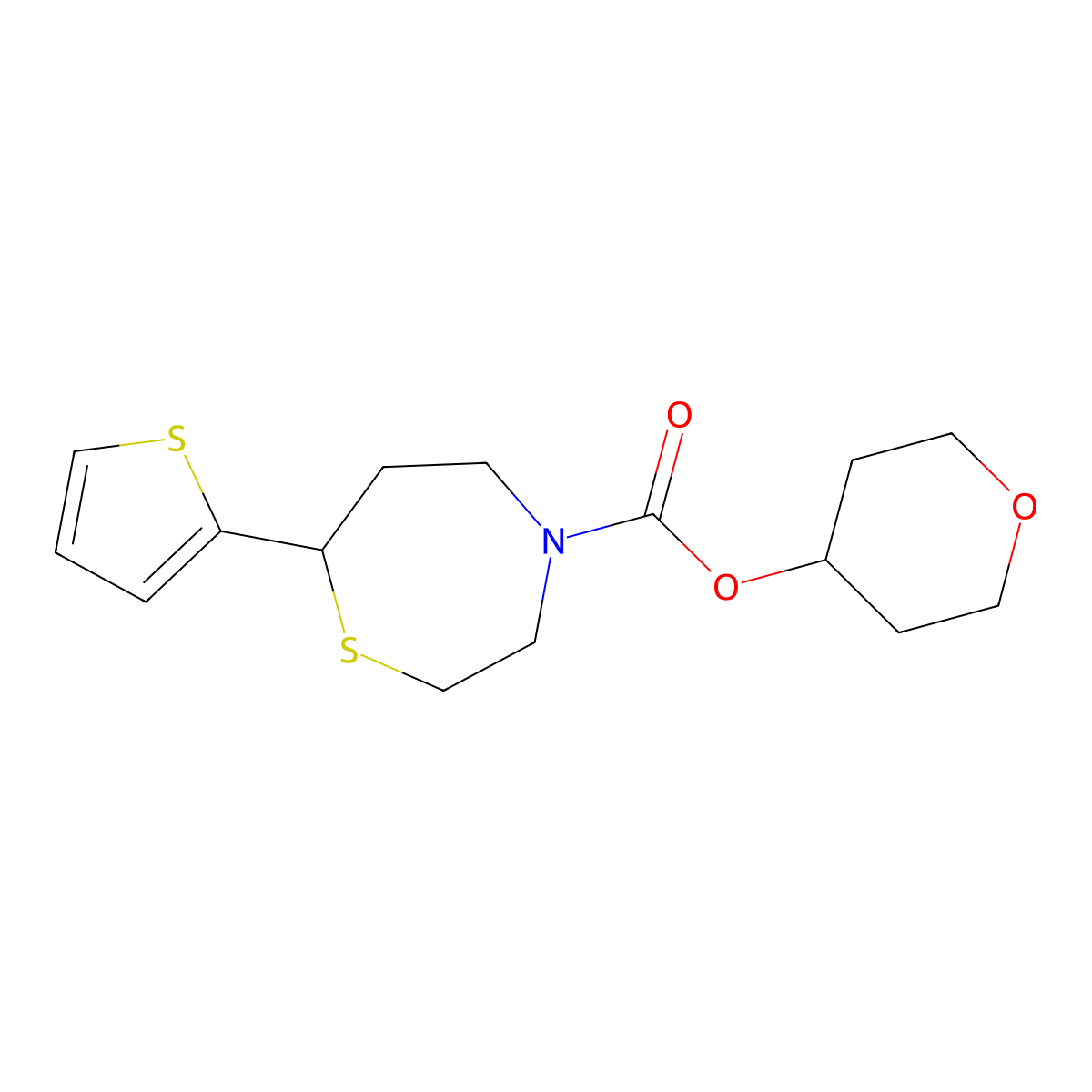 tetrahydro-2H-pyran-4-yl 7-(thiophen-2-yl)-1,4-thiazepane-4-carboxylate molecular structure, CAS 1704637-34-2