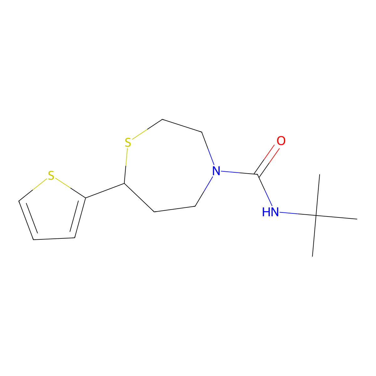 N-tert-butyl-7-(thiophen-2-yl)-1,4-thiazepane-4-carboxamide molecular structure, CAS 1704637-46-6