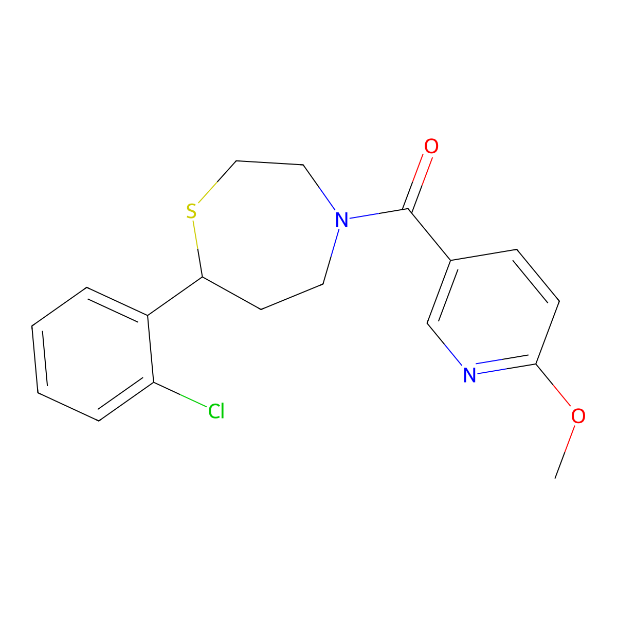 (7-(2-Chlorophenyl)-1,4-thiazepan-4-yl)(6-methoxypyridin-3-yl)methanone molecular structure, CAS 1704637-54-6