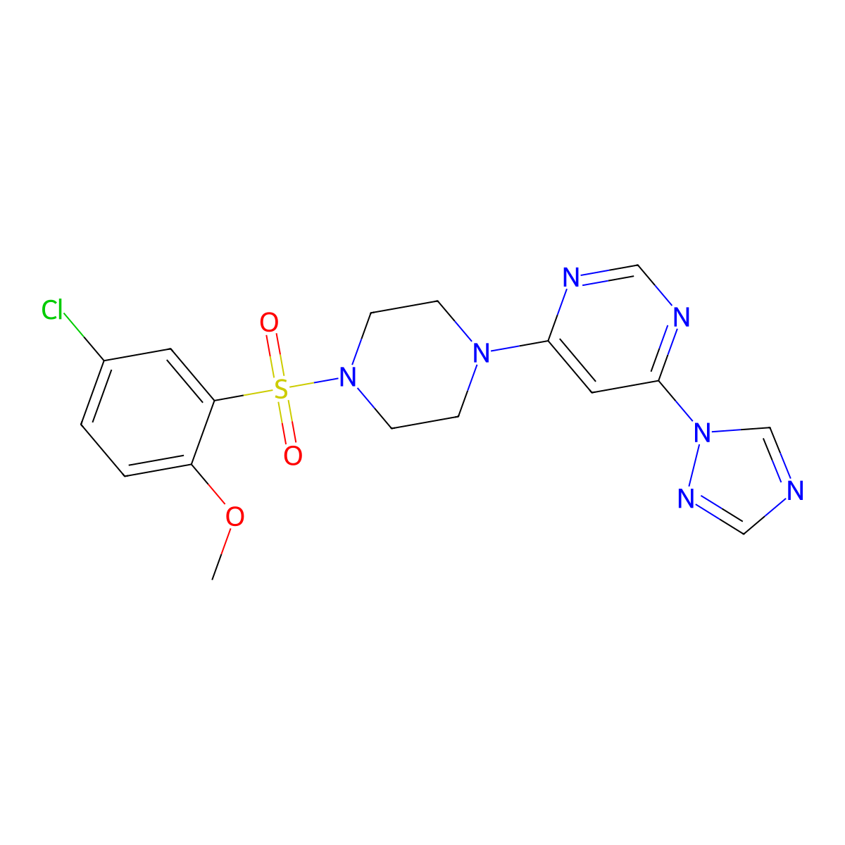 4-(4-((5-chloro-2-methoxyphenyl)sulfonyl)piperazin-1-yl)-6-(1H-1,2,4-triazol-1-yl)pyrimidine molecular structure, CAS 1704637-71-7